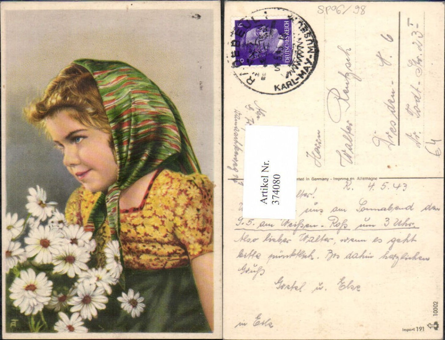 374080,Künstler Ak Kind Mädchen Kopftuch Strauß Blumen Margeriten
