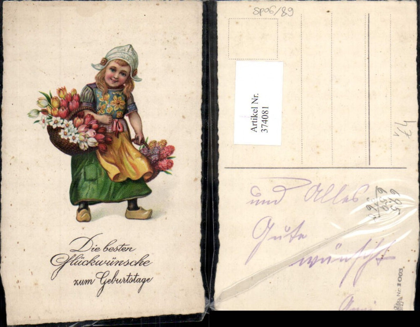 374081,Künstler Ak Kind Tracht Niederlande Korb Blumen Tulpen Geburtstag pub Erika 1003