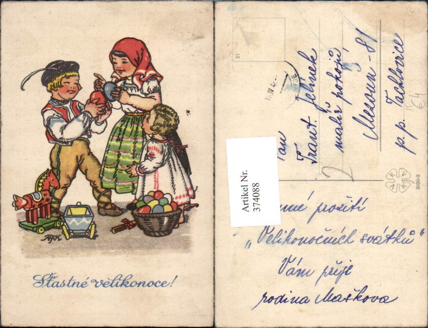 374088,Künstler Ak Kinder i. Tracht Spielzeug Nachziehpferd Ostereier Eier Ostern