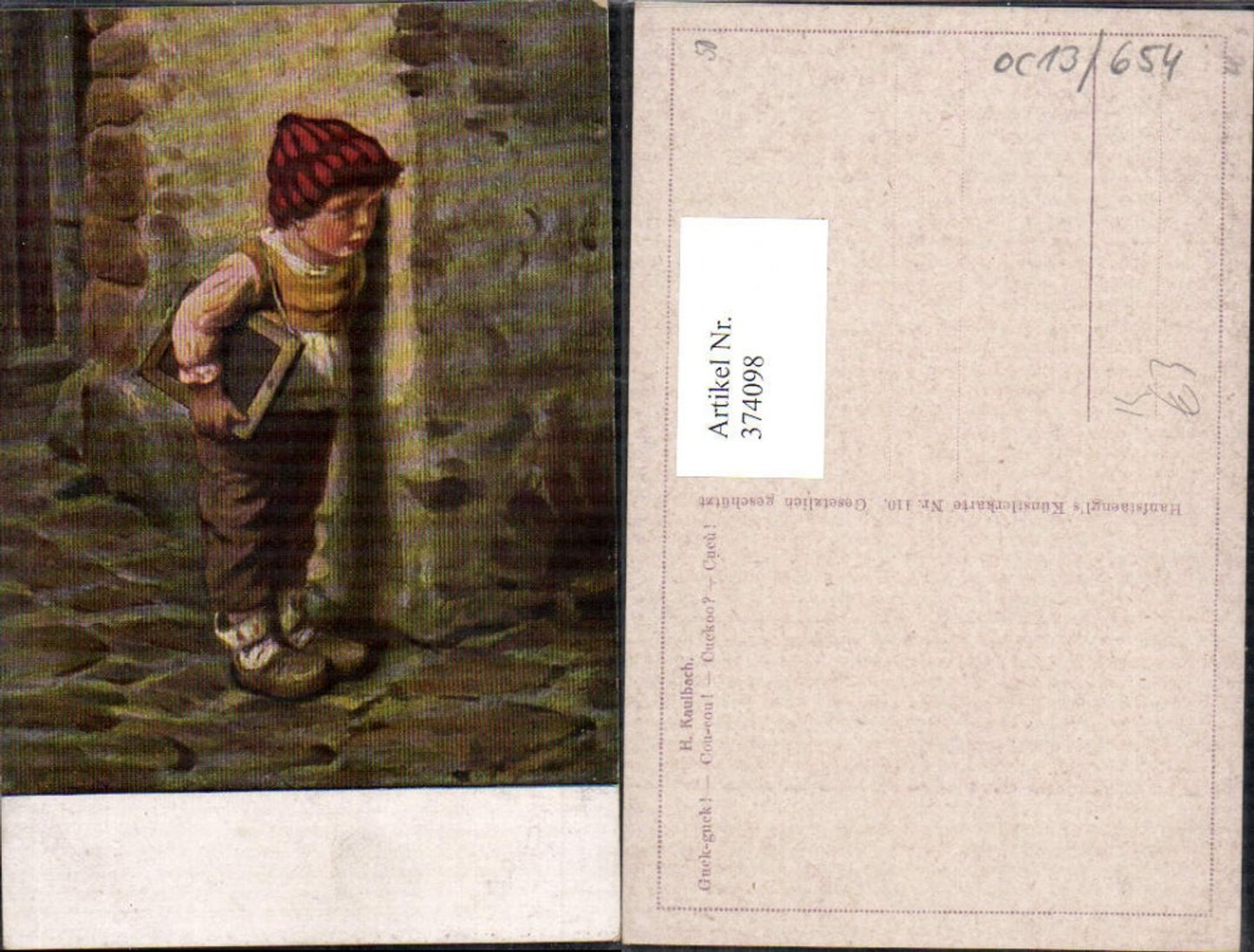 374098,Künstler Ak H. Kaulbach Guck Guck Kind Bub Junge m. Schultafel a. Ecke stehend
