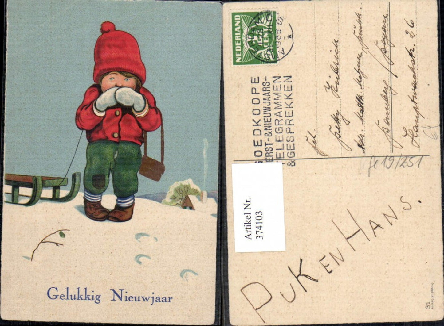 374103,Künstler Ak Kind Bub Junge m. Schlitten Winterlandschaft Neujahr
