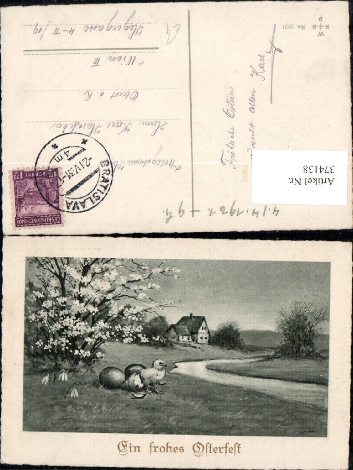 374138, Artist AK Easter Chick hatching from an egg eggshell landscape river house