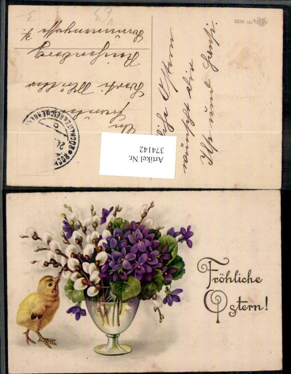 374142,Ostern Küken Vase m. Veilchen Blumen Palmkätzchen pub Erika 4032