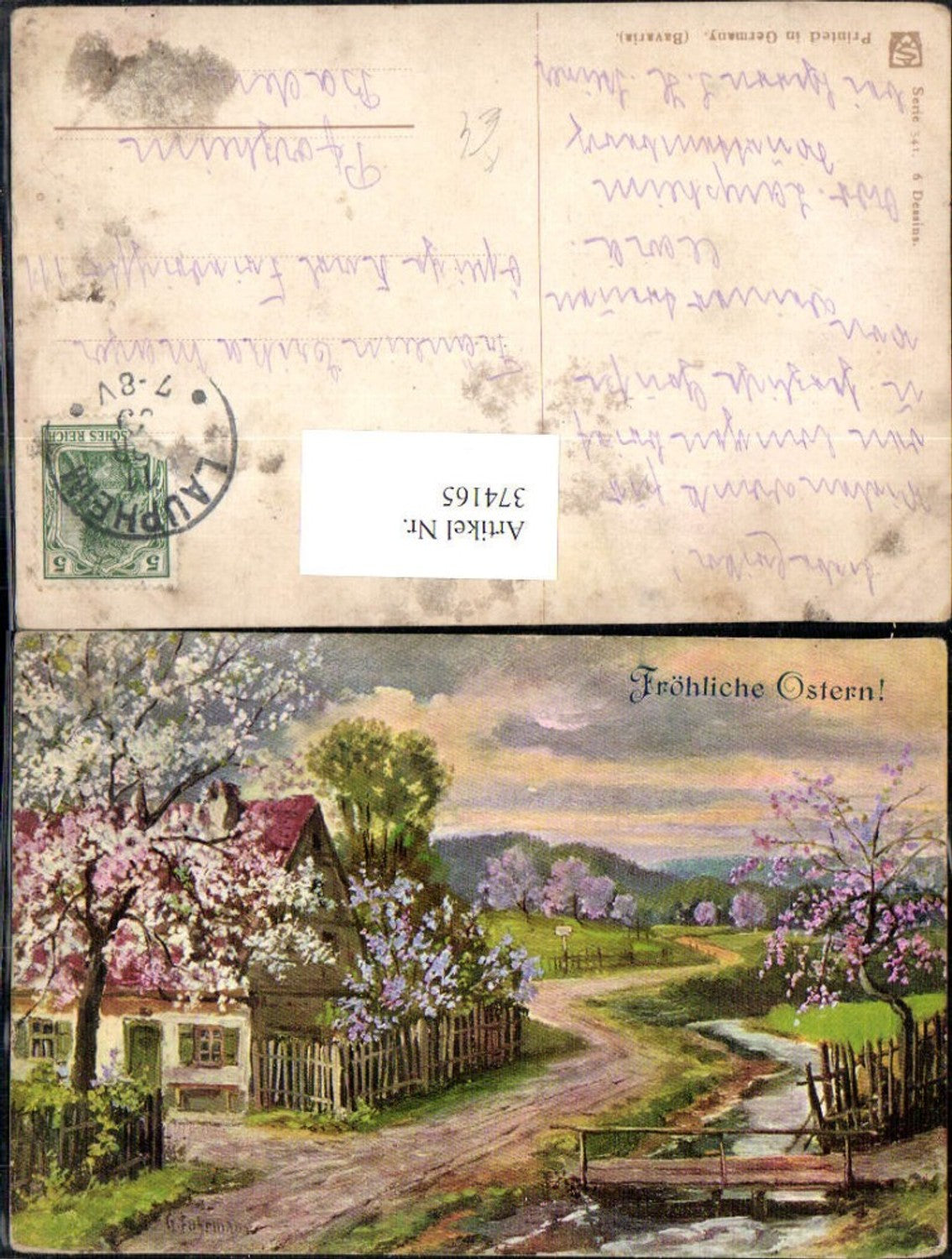 374165, Artist Ak G. Fuhrmann Easter House Path Landscape Bridge Tree Blossom