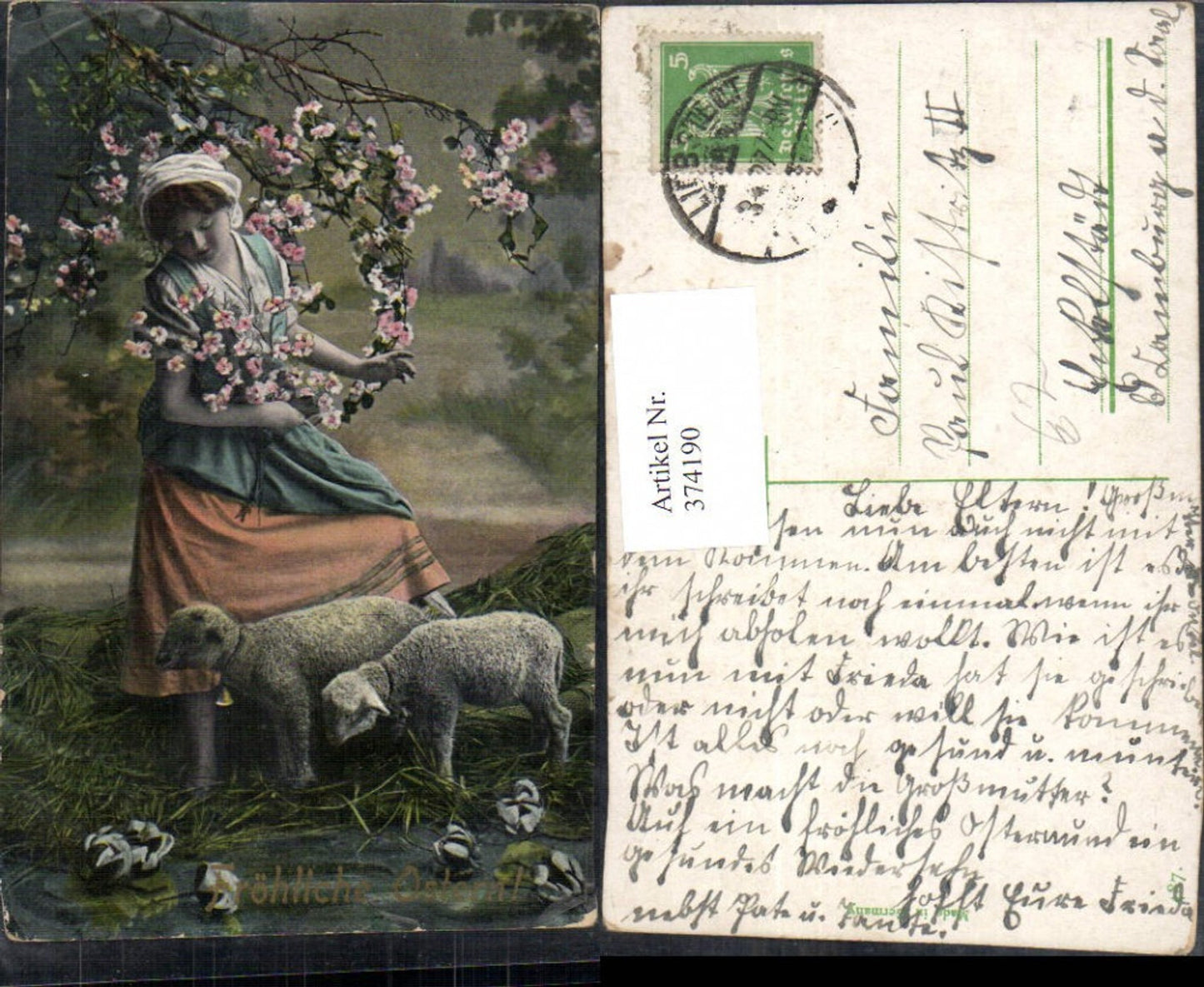 374190, Easter woman with lambs flowering tree