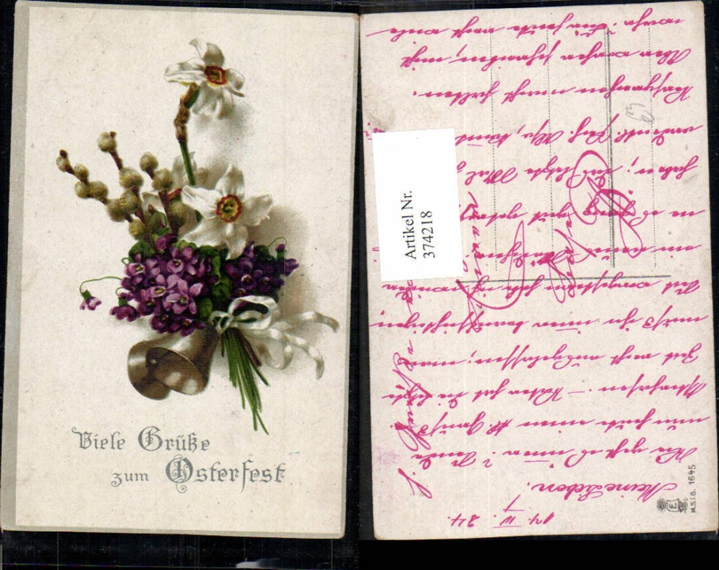 374218, Easter Pussy willows White daffodils Violets Bouquet Ribbon Bells Easter bells