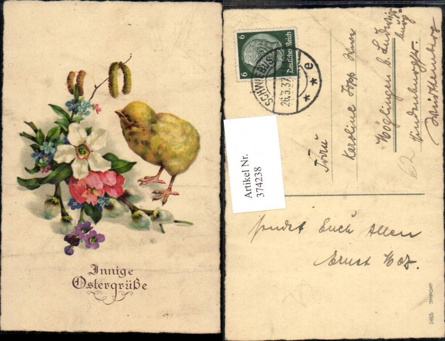 374238,Ostern Küken Blumen Palmkätzchen Vergissmeinnicht