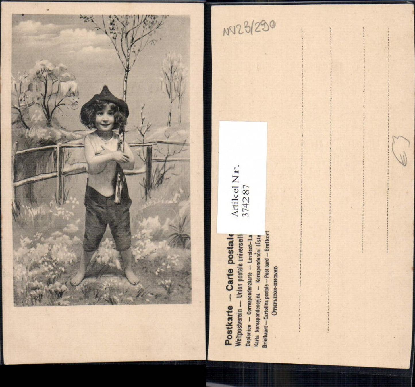 374287,Künstler Ak Kind Bub Junge m. Birkenzweig Zaun Landschaft