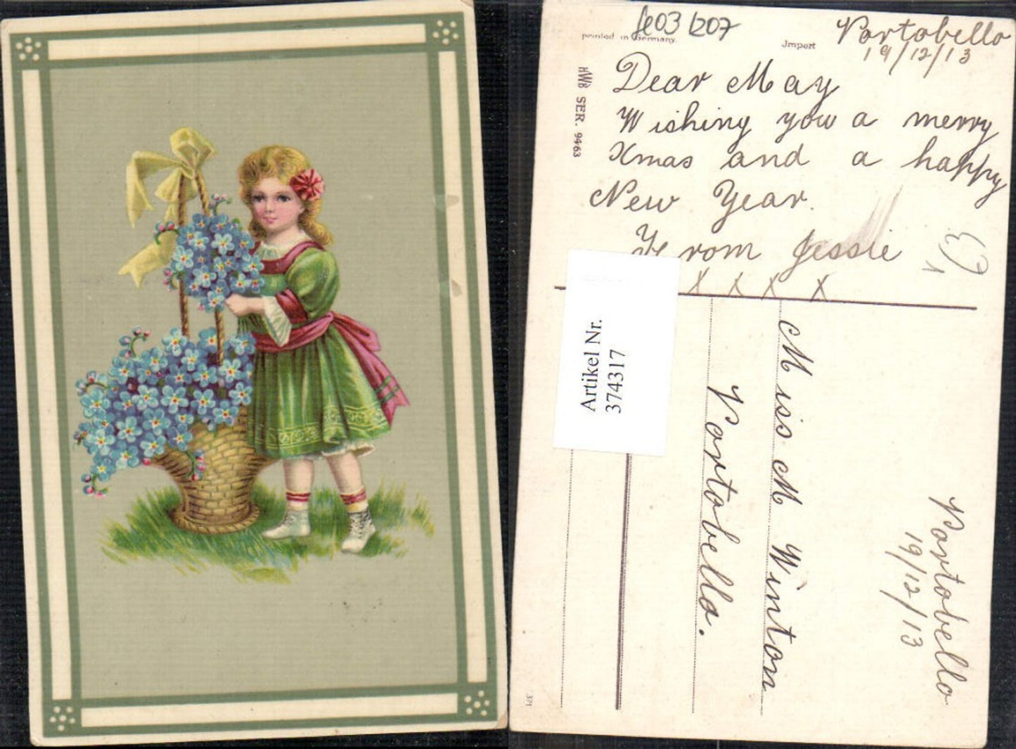 374317,Künstler Ak Kind Mädchen Lockenkopf Korb Vergissmeinnicht Blumen Schleife pub HWB 9463