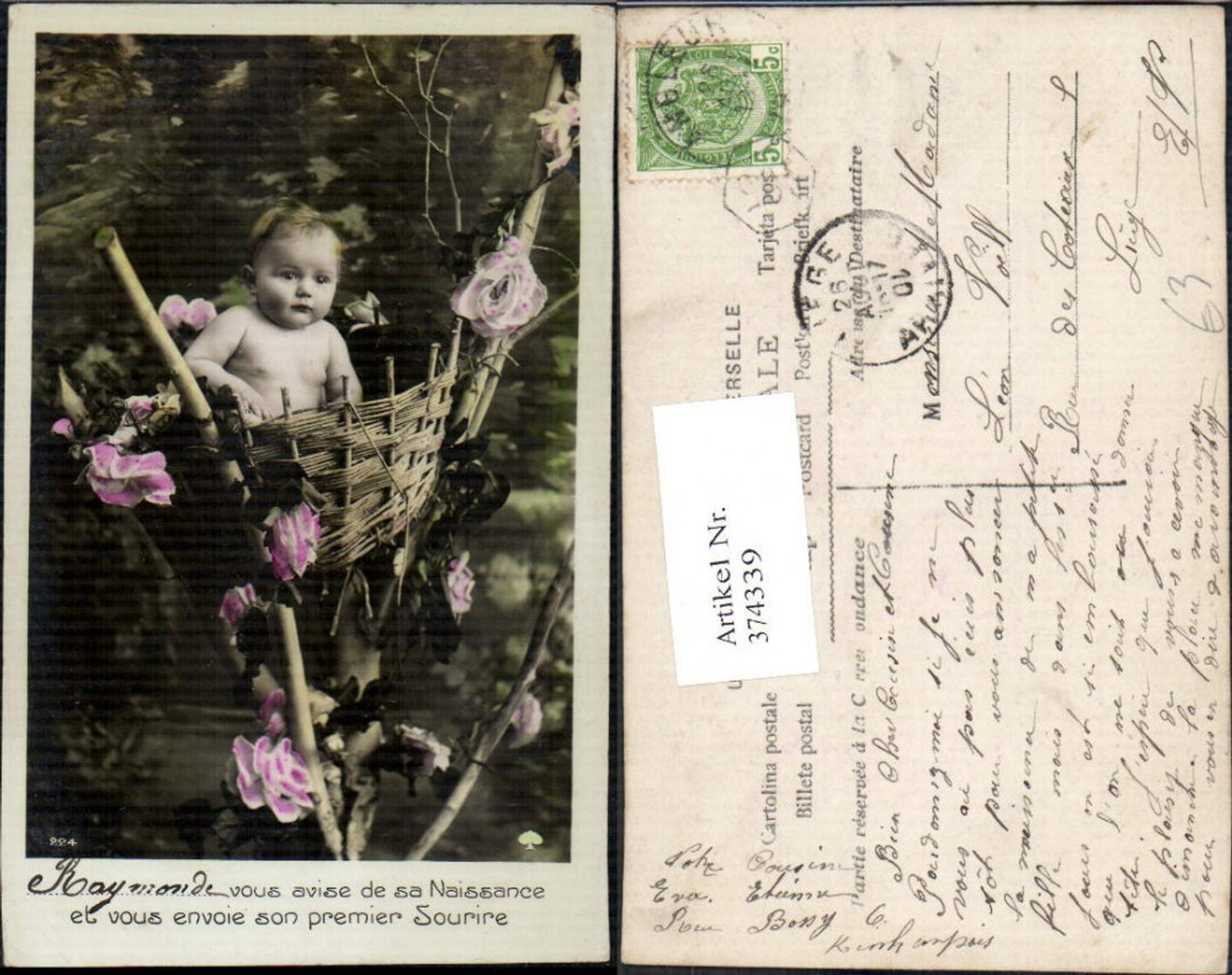 374339,Kind Kleinkind i. Korb a. Baum Strauch Blumen Rosen Spruch