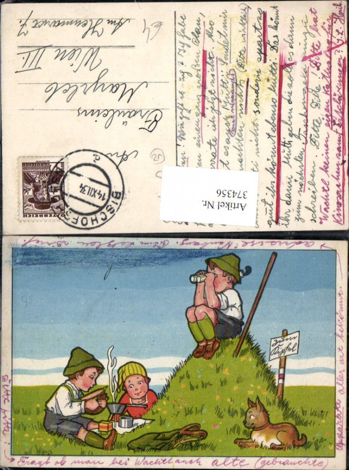 374356,Künstler Ak Kinder Hund Picknick Fernglas Lagerfeuer