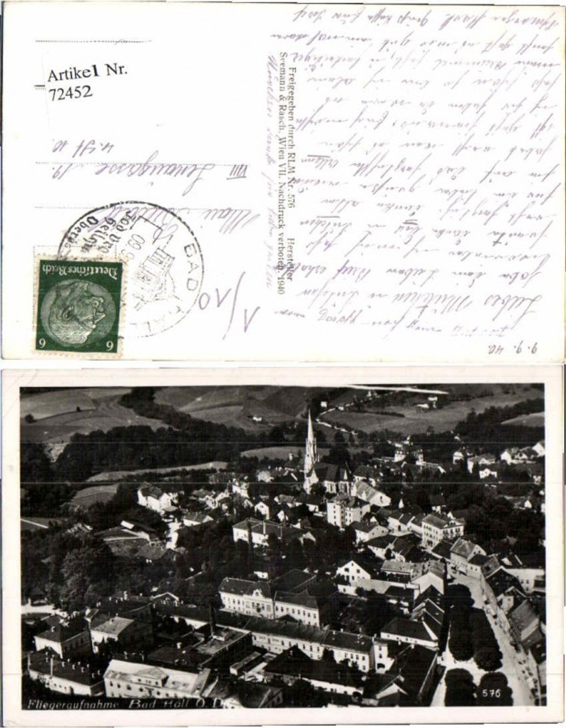 72452, Aerial photograph of Bad Hall near Steyr, 1940