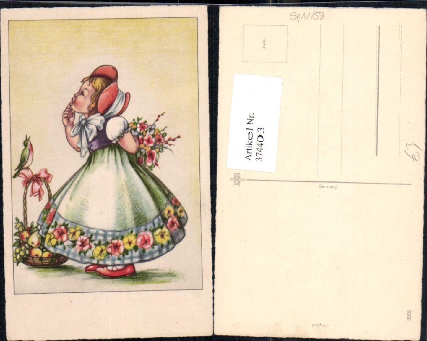 374403,Künstler Ak Kind Mädchen Kleid Hut Blumenstrauß Korb m. Früchte