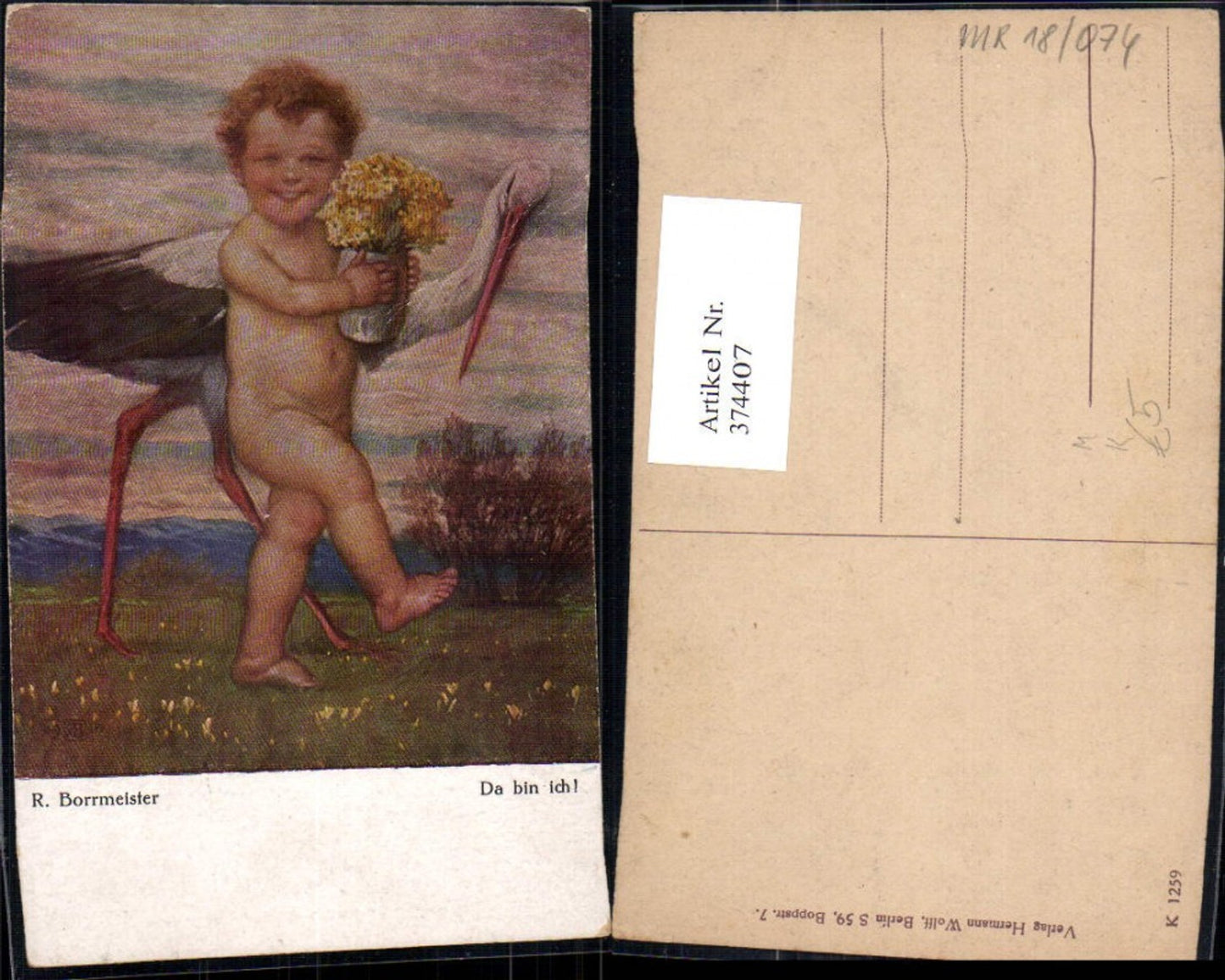 374407, Artist Ak R. Borrmeister There I am, child, baby stork, vase with flowers, primroses