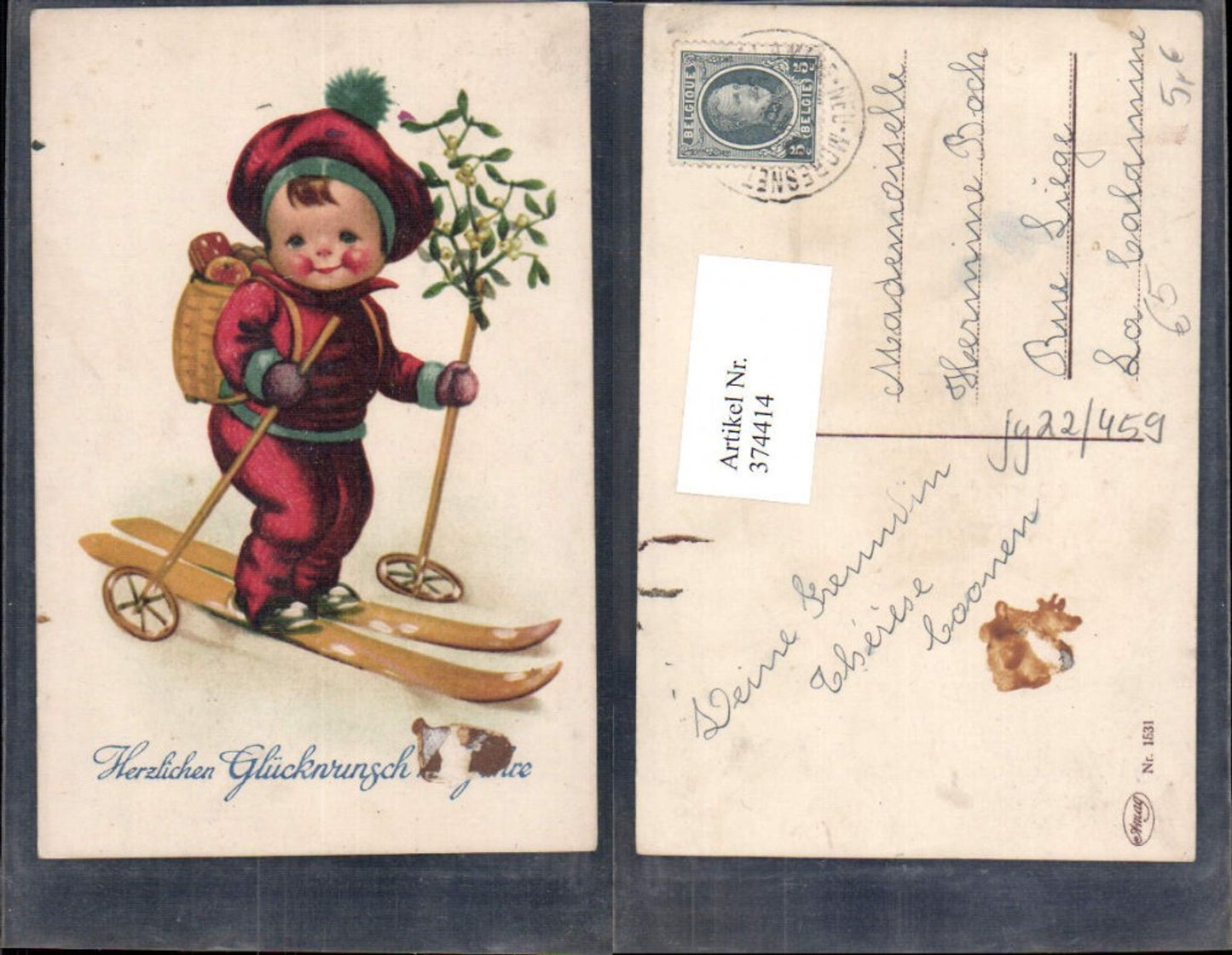 374414,Künstler Ak Kind Bub Junge Langlaufen Ski Schi Rucksack m. Lebkuchen Mistelzweig