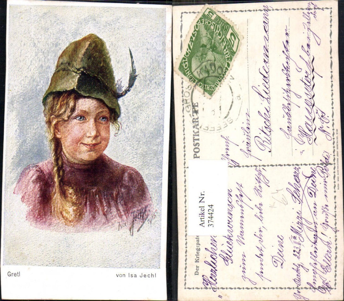 374424,Künstler Ak Isa Jechl Gretl Kind Mädchen Hut Zöpfe Portrait