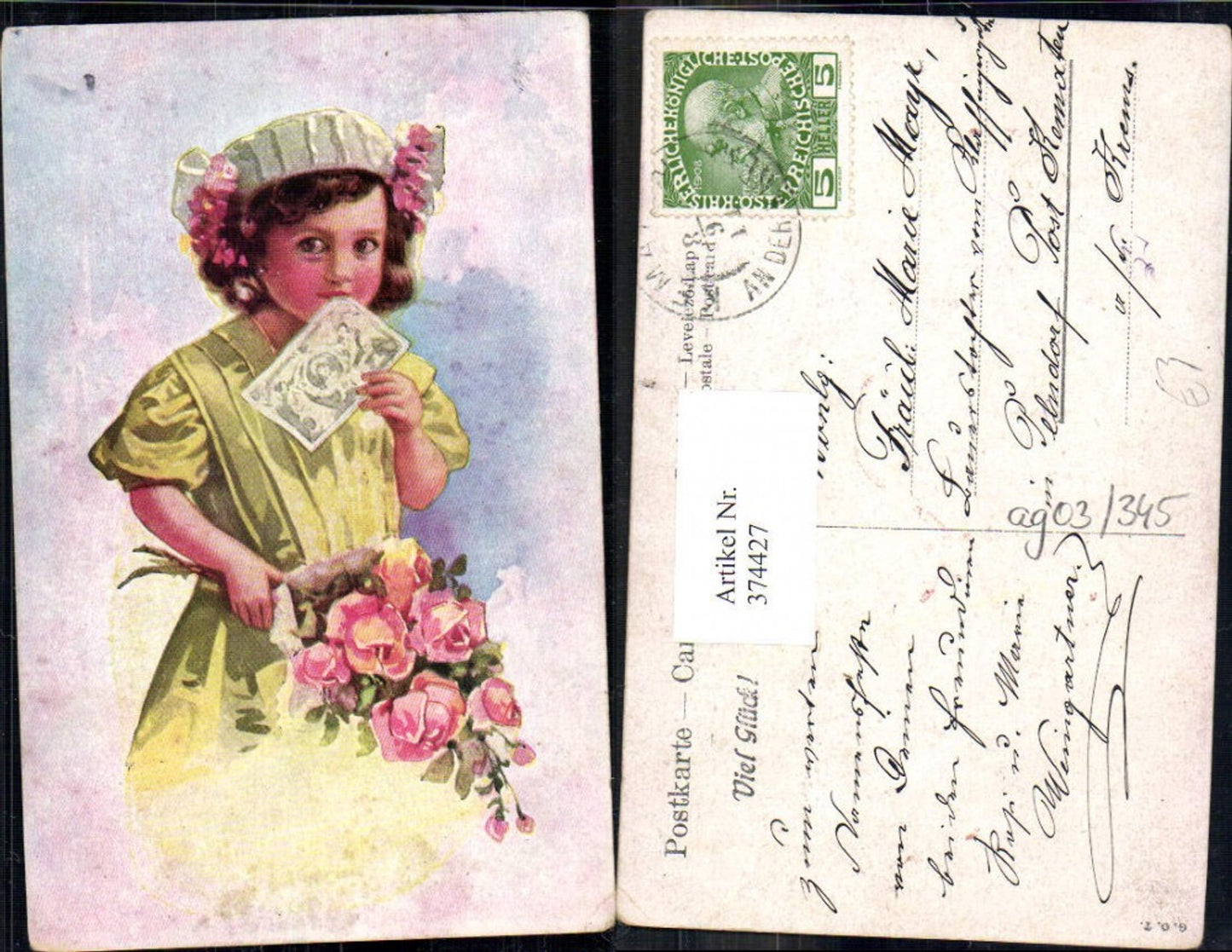 374427,Künstler Ak Kind Mädchen Hut Blumenstrauß Rosen