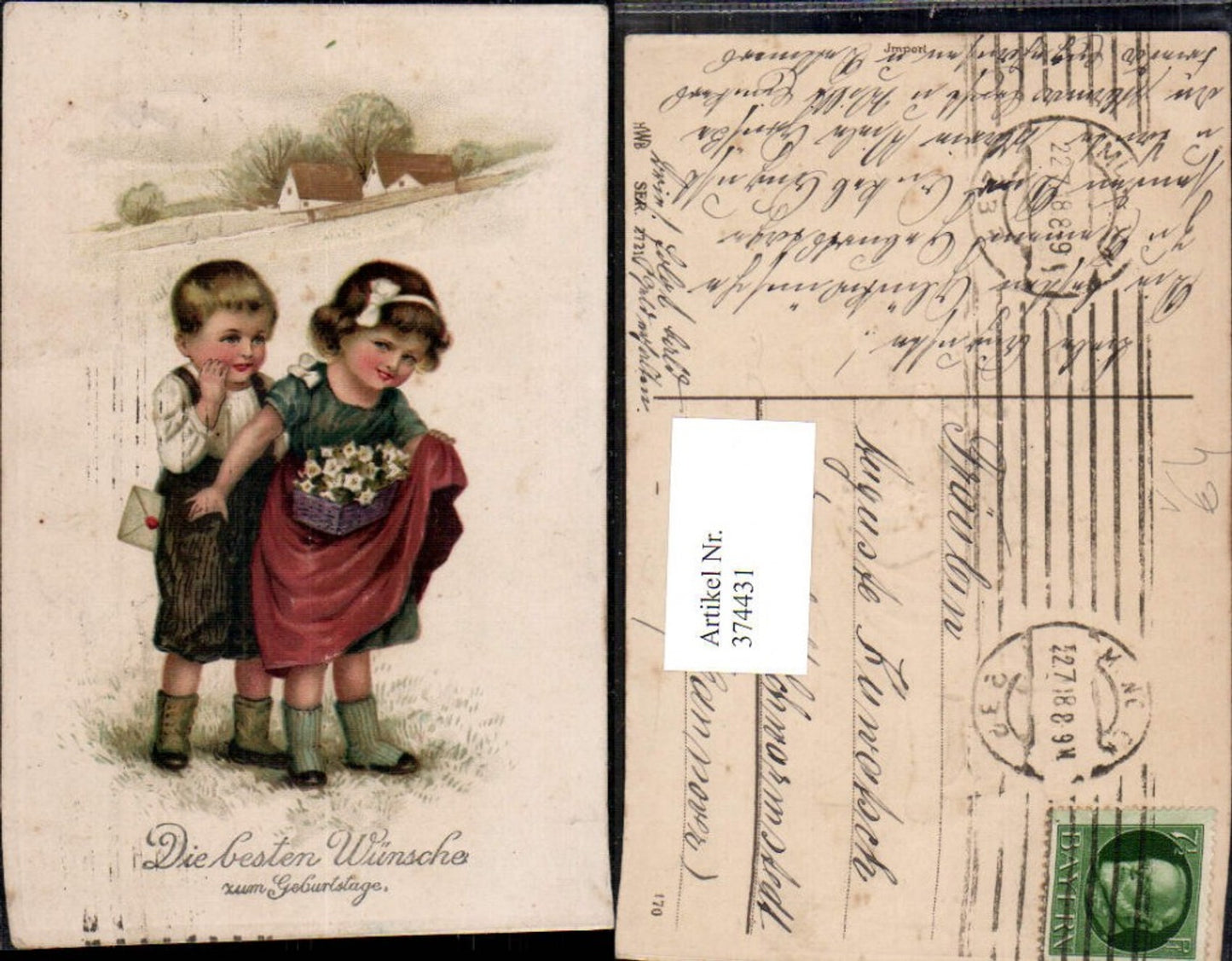 374431,Künstler Ak Kinder m. Korb Blumen Briefkuvert Haus Landschaft Geburtstag pub HWB 2721