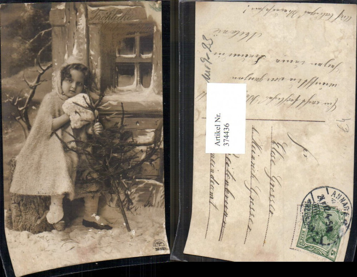 374436,Kind Mädchen Pelz Muff m. Tannenbaum v. Haus Schnee