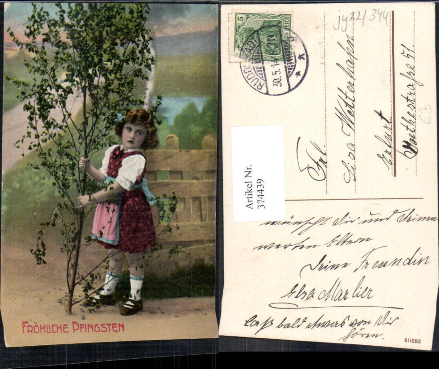 374439,Kind Mädchen Tracht Dirndl Haarschleife Baum Birken Pfingsten
