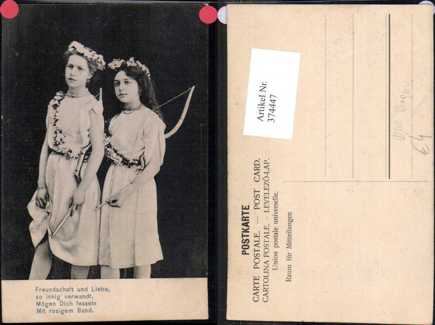 374447,Kinder Mädchen m. Pfeil u. Bogen Text Freundschaft u. Liebe
