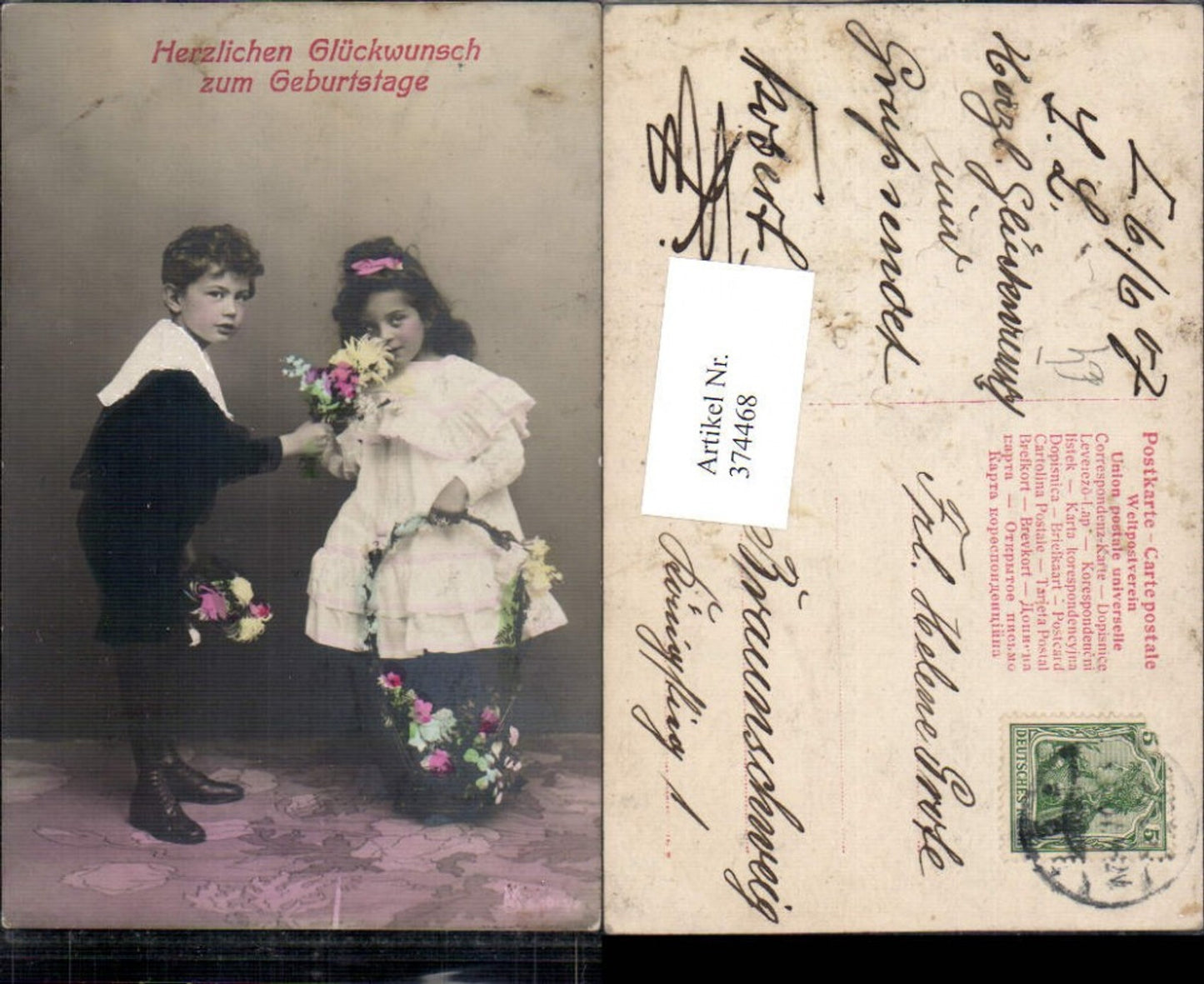 374468,Kinder Anzug u. Kleid Haarschleife Korb m. Blumen Geburtstag