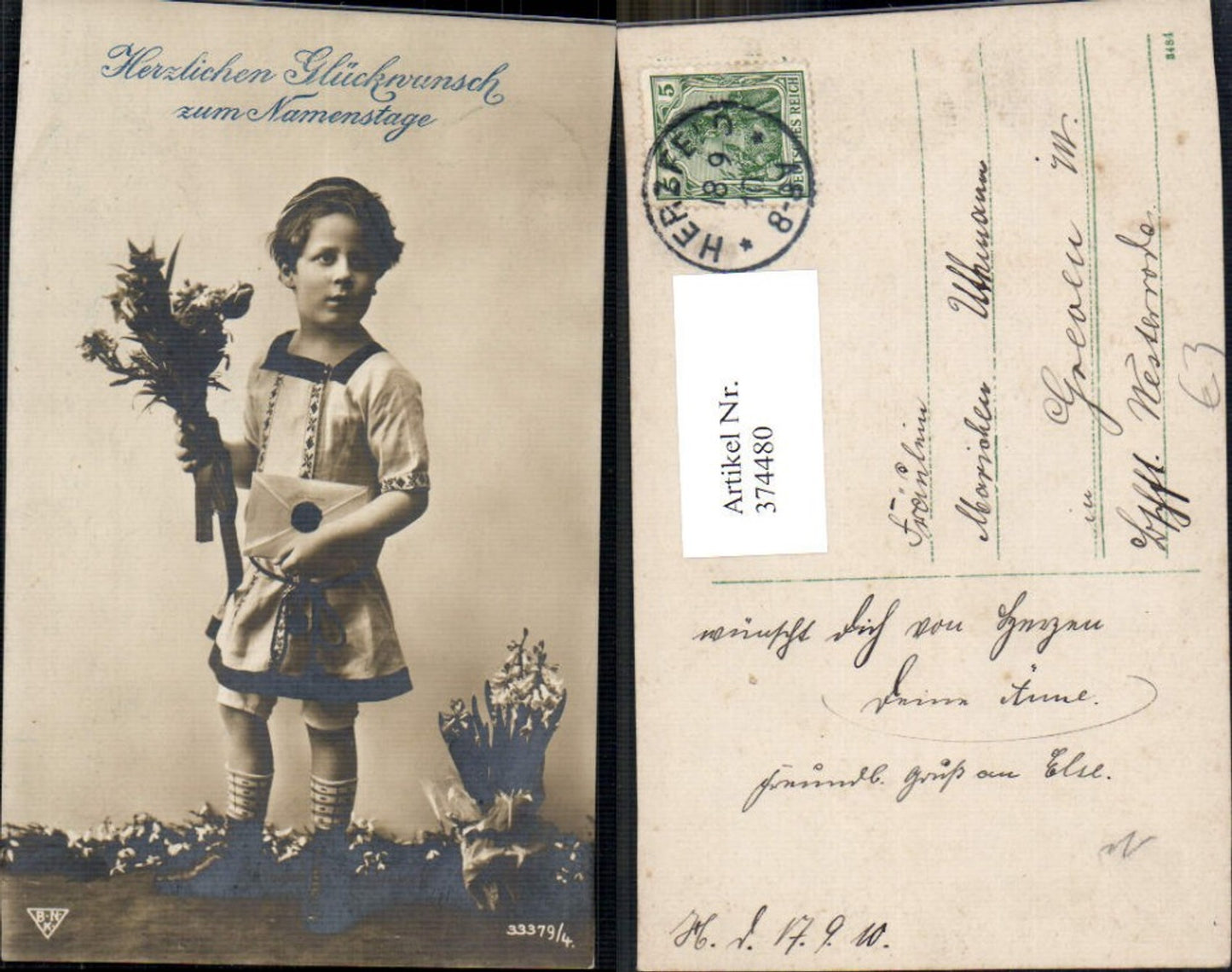 374480,Kind Bub Junge Tracht Briefkuvert Blumenstrauß Namenstag