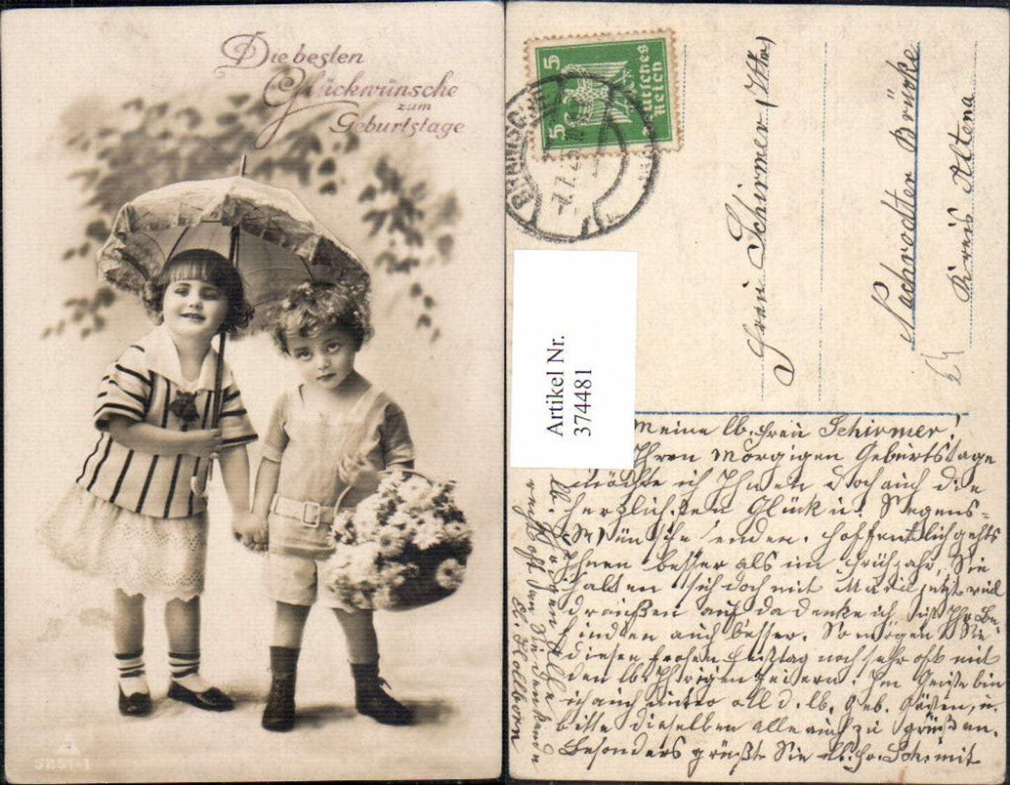 374481,Kinder m. Schirm Korb m. Blumen Margeriten Geburtstag