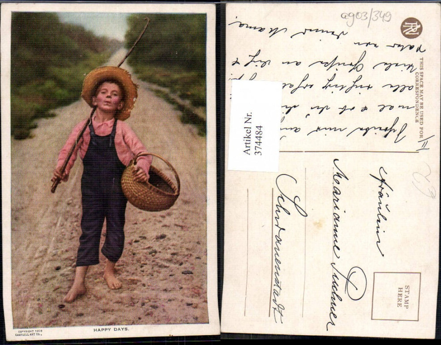 374484,Kind Bub Junge m. Latzhose Strohhut Hut Korb u. Angel Happy Days