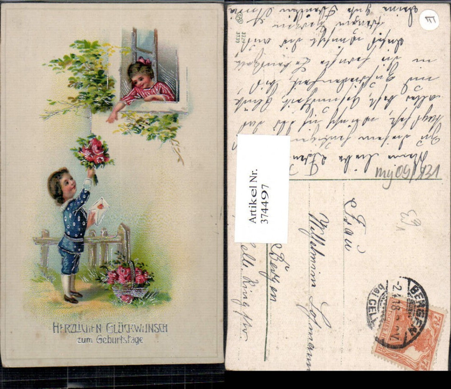 374497,Künstler Ak Kinder Bub Junge m. Blumenstrauß a. Fenster Mädchen Kuvert pub EAS 3730