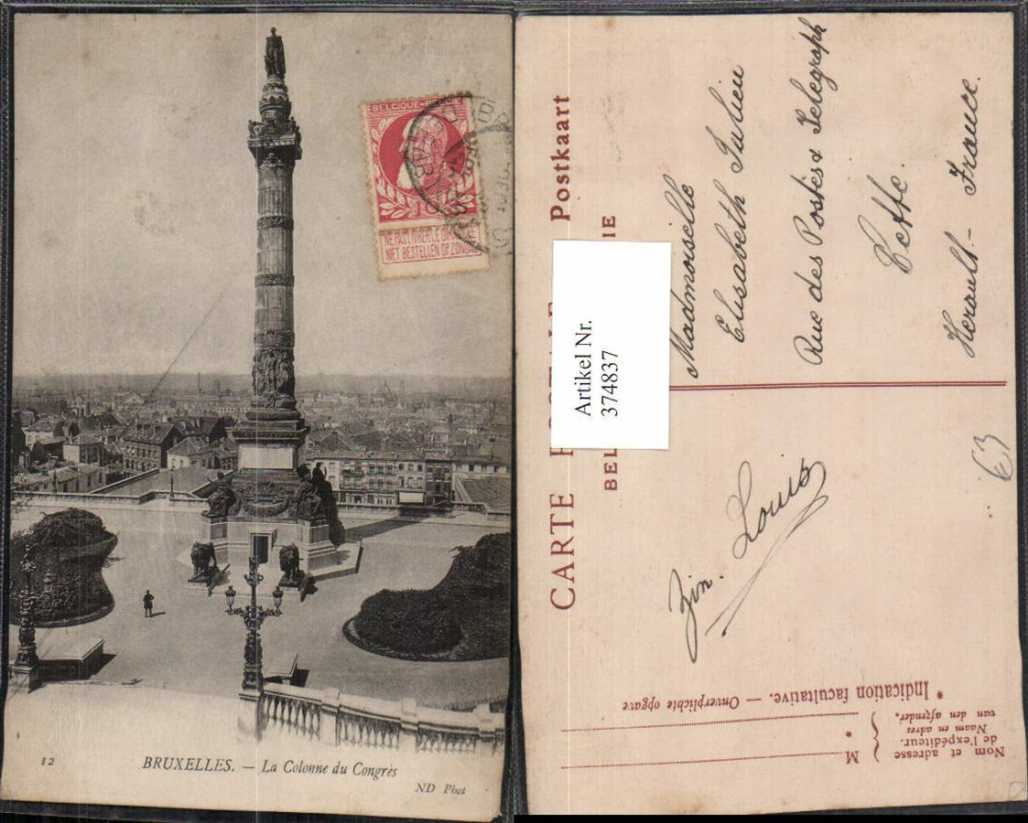 374837,Belgium Bruxelles Brüssel La Colonne du Congres Säule