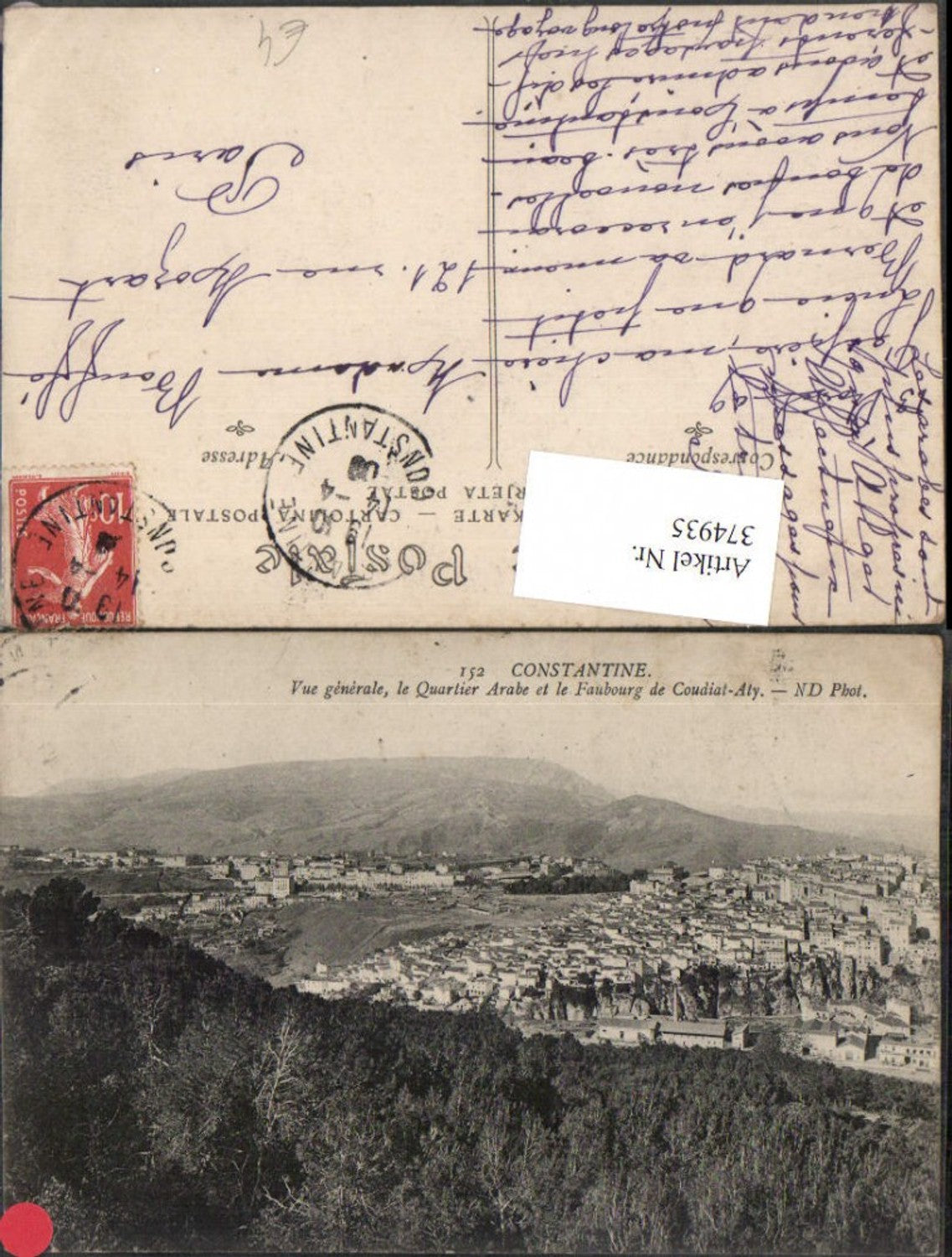 374935,Algeria Constantine Vue generale le Quartier Arabe et le Faubourg de Coudiat-Aty Totale