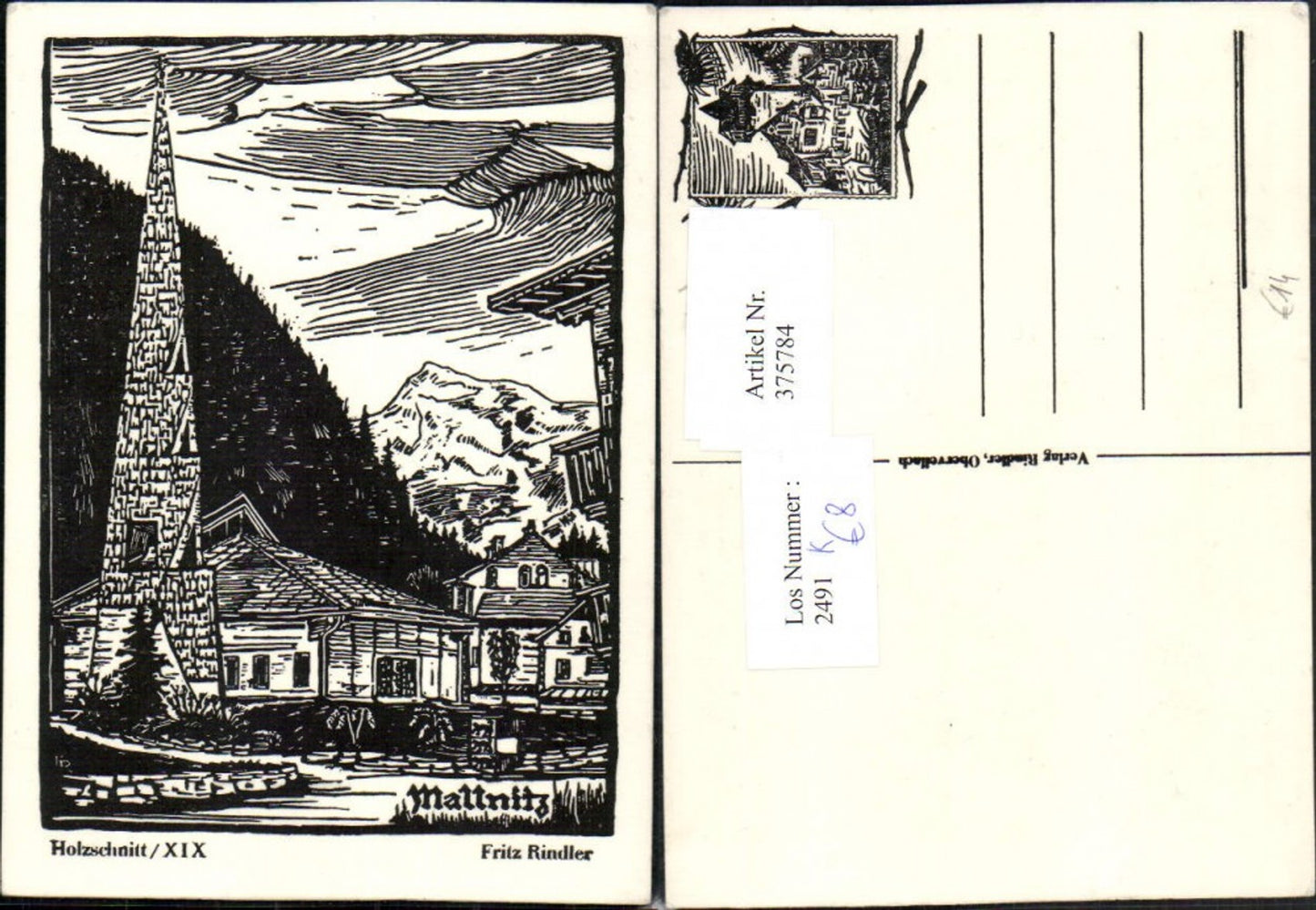 375784,Künstler AK Fritz Rindler Holzschnitt Mallnitz Kirche Bergkulisse