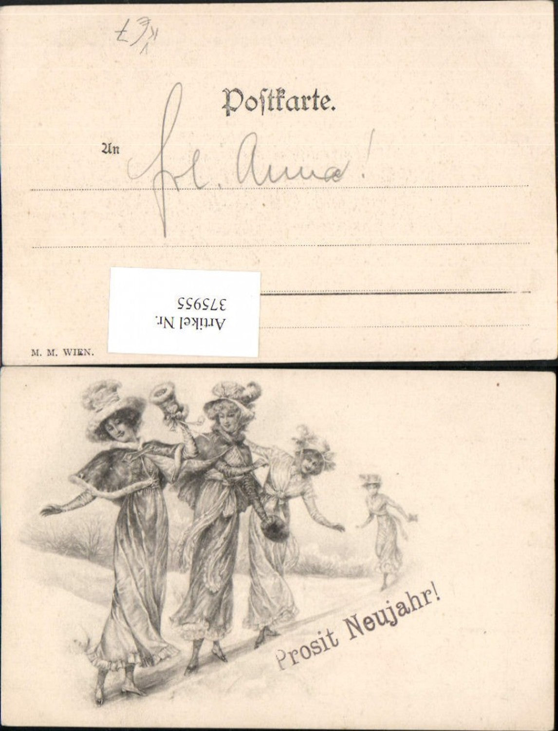 375955,M. Munk Vienne Künstlerkarte Neujahr Frauen Mode Hüte