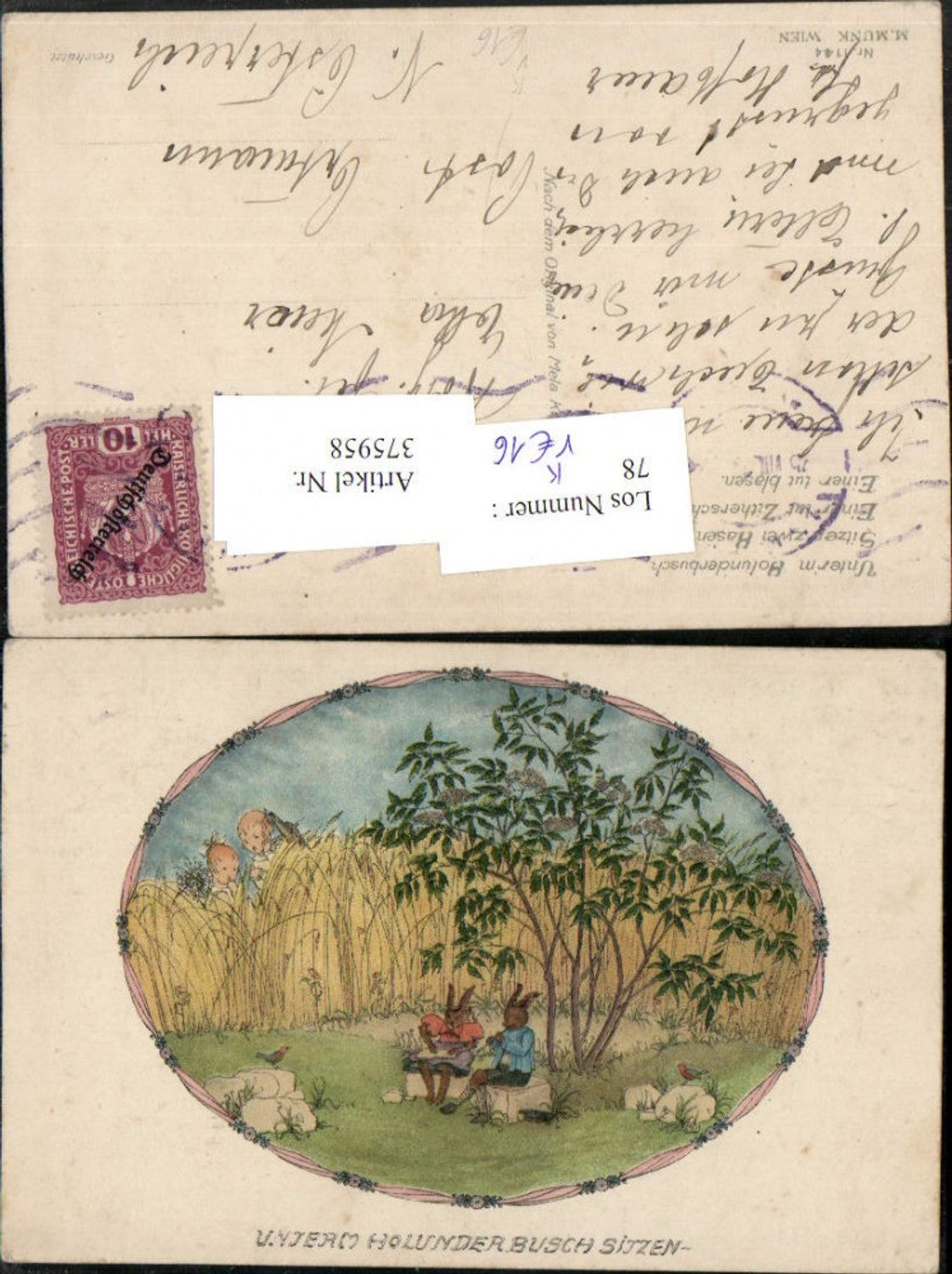 375958,M. Munk Vienne 1144 Künstler Mela Koehler Unterm Holunderbusch Hasen vermenschlicht