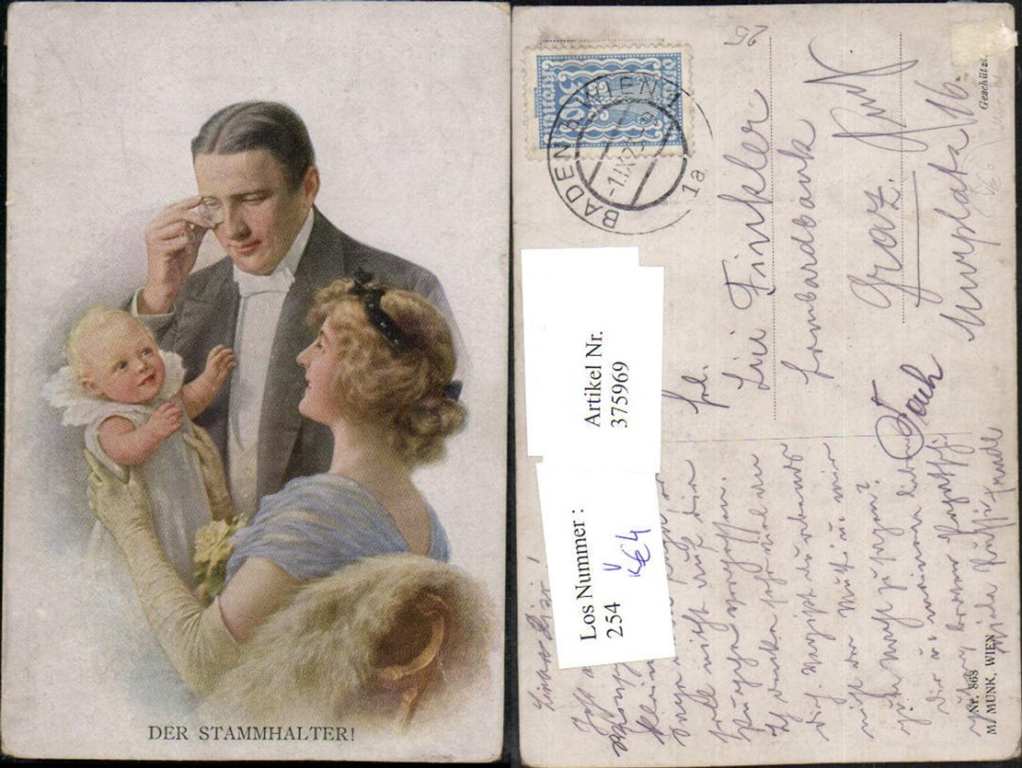 375969,M. Munk Vienne 868 Künstlerkarte Der Stammhalter Familie Mann m. Monokel Baby
