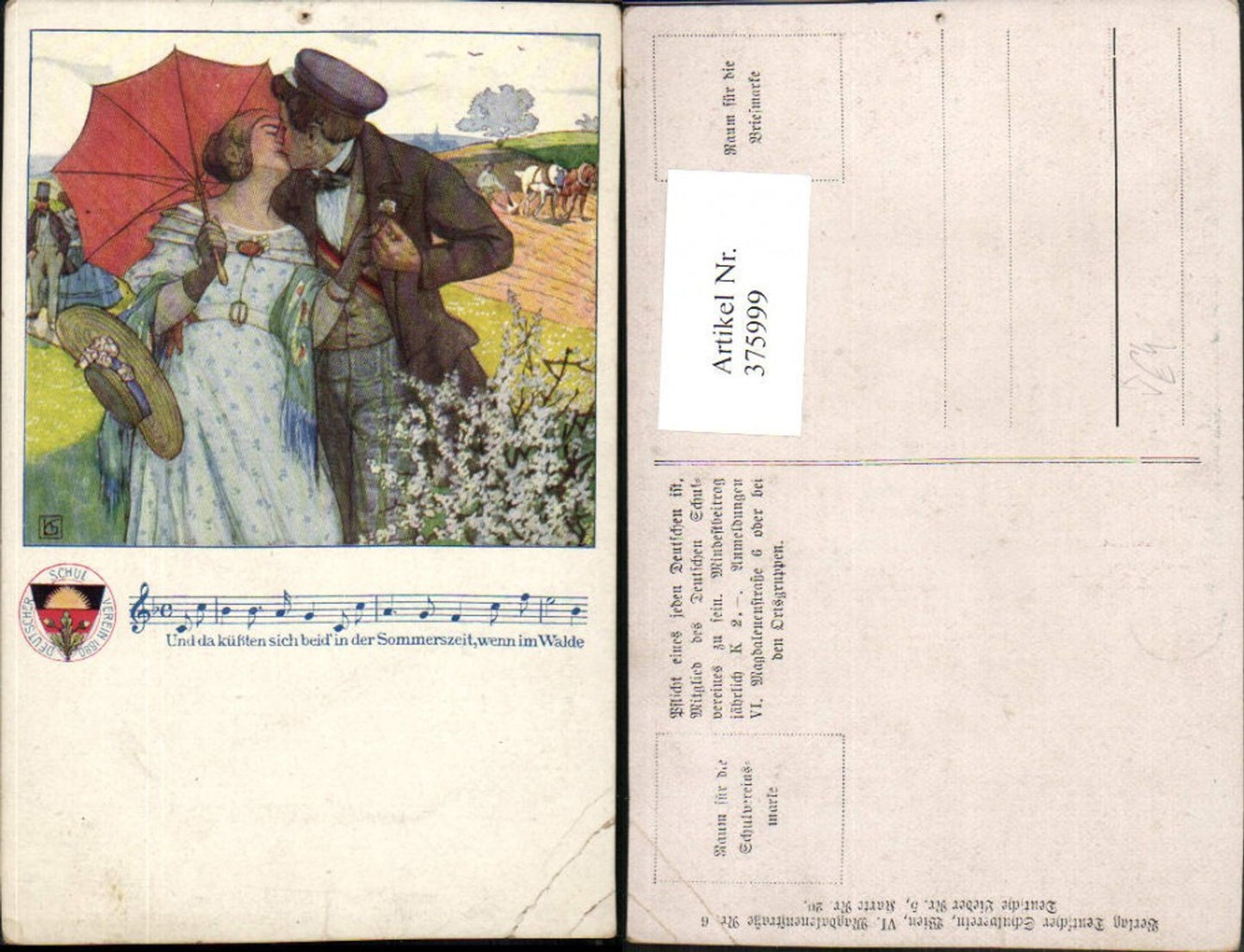 375999,Deutscher Schulverein 6 Deutsche Lieder 5/20 Künstlerkarte Liebe Paar Kuss Liedzeile