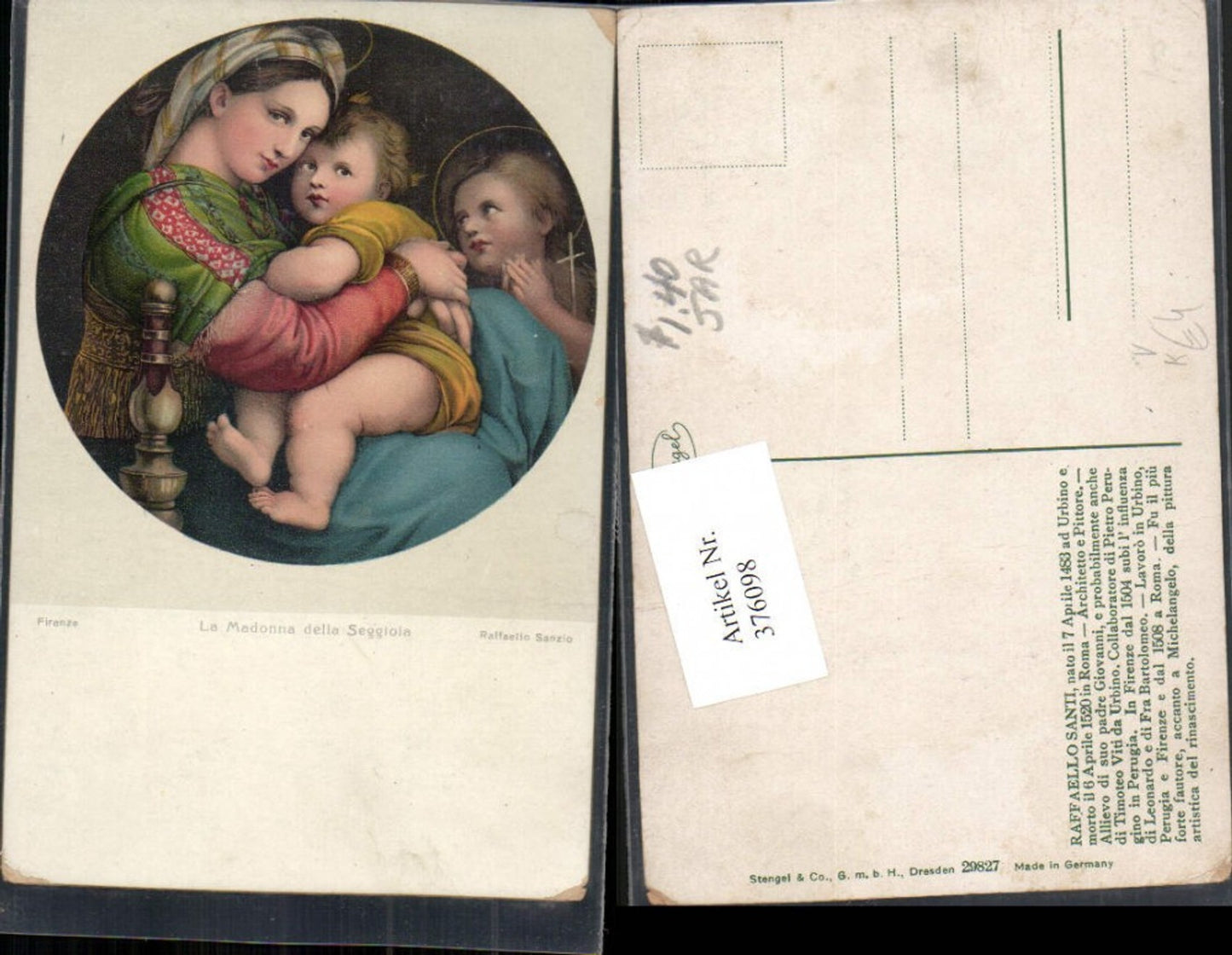 376098,Stengel Co 29827 Künstler Raffaello Santi La Madonna della Seggiola Maria m. Jesuskind