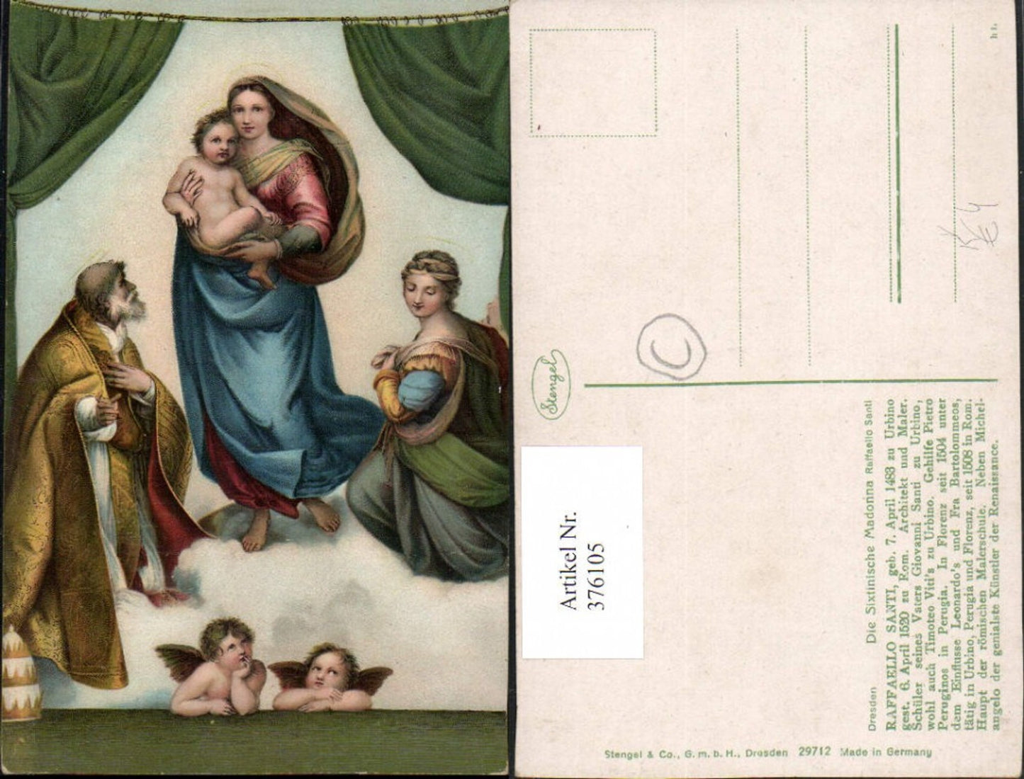 376105,Stengel Co 29712 Künstler Raffaello Santi Sixtinische Madonna Maria Jesuskind
