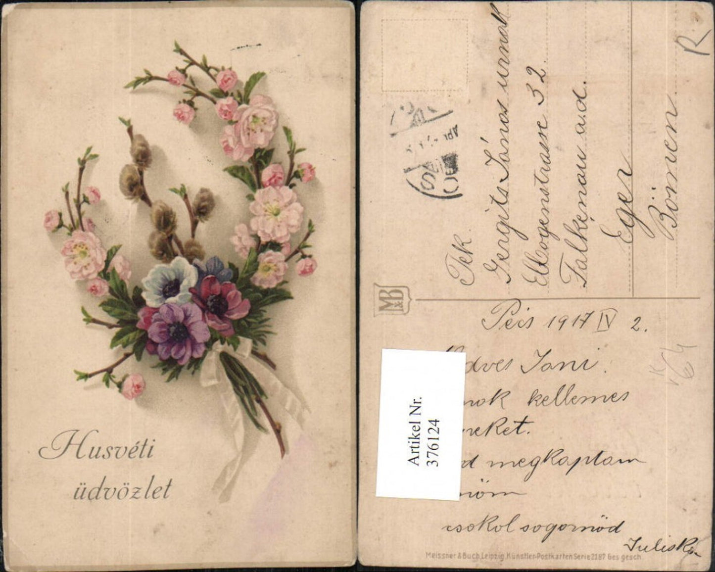 376124,Meissner & Buch 2187 Künstlerkarte Blumen Anemonen Palmkätzchen