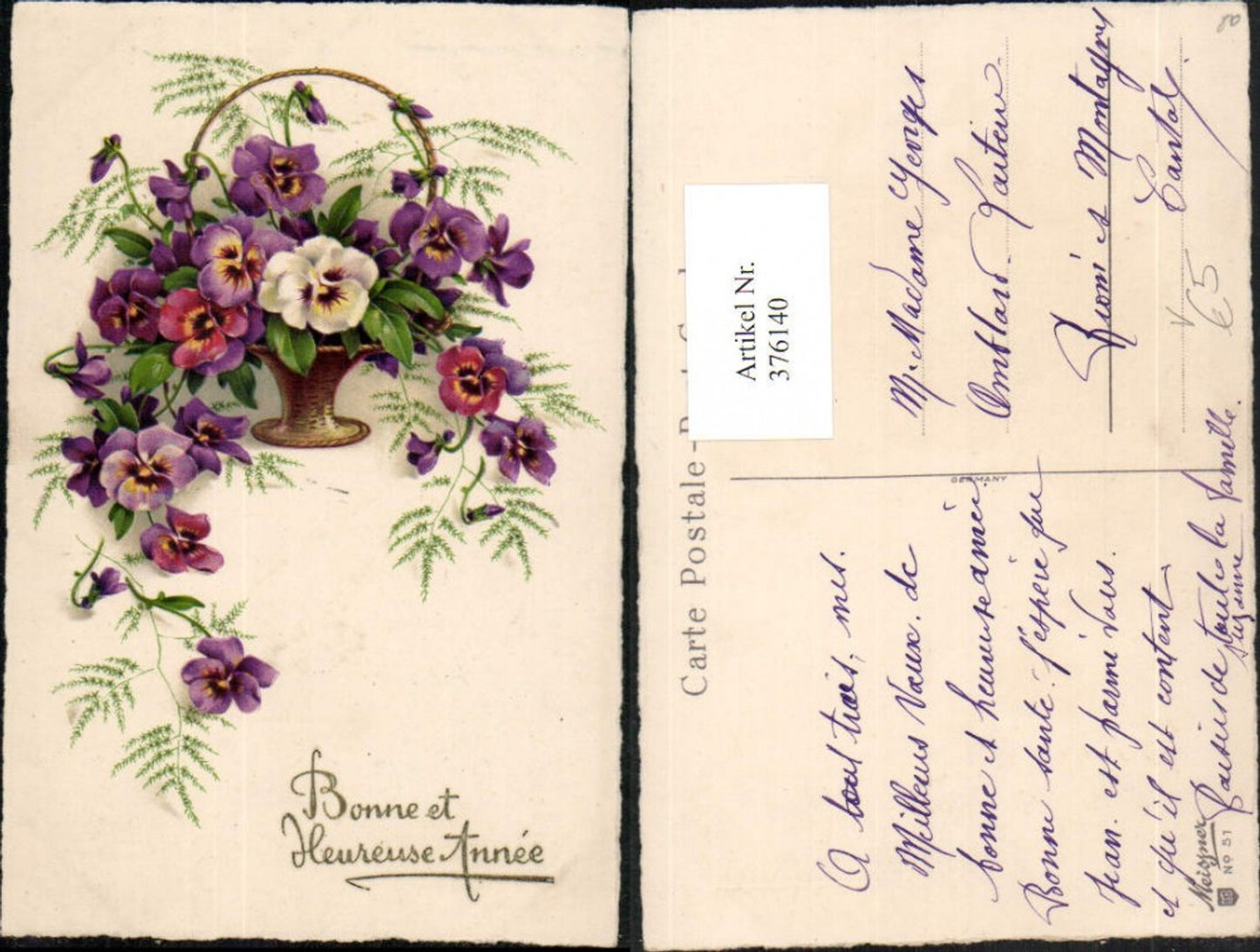 376140,Meissner & Buch 51 Künstlerkarte Blumen Stiefmütterchen Korb