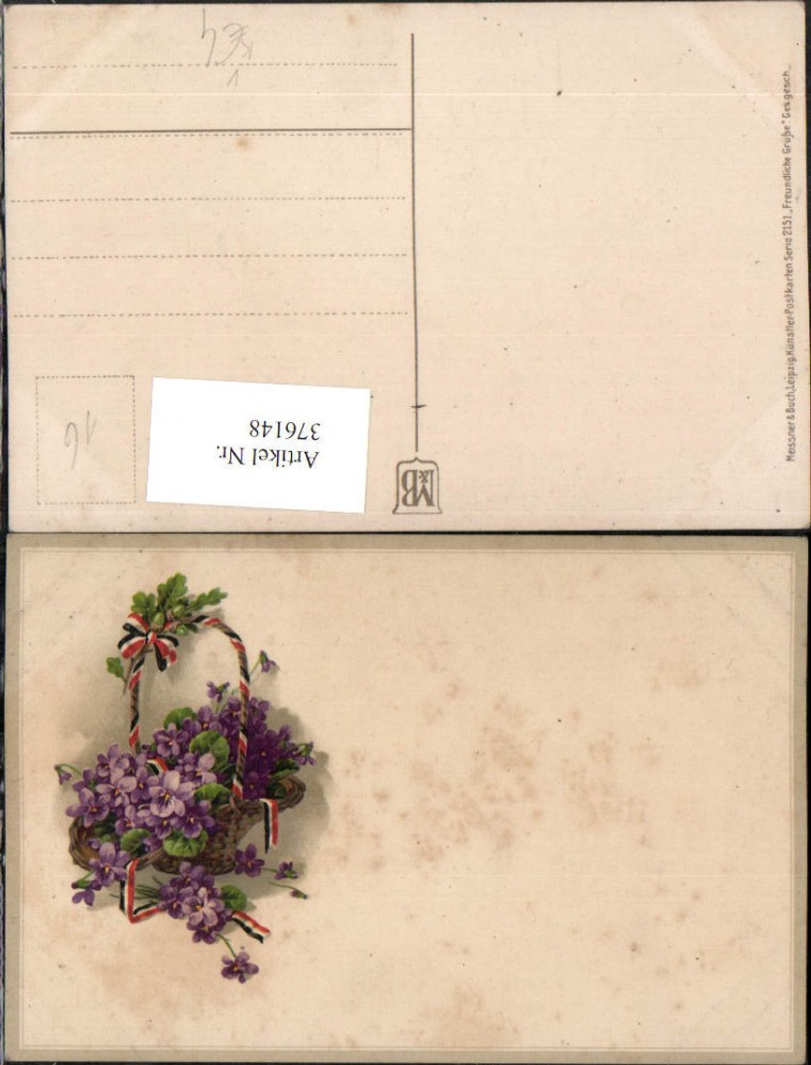 376148,Meissner & Buch 2151 Künstlerkarte Blumen Veilchen Korb Schleife