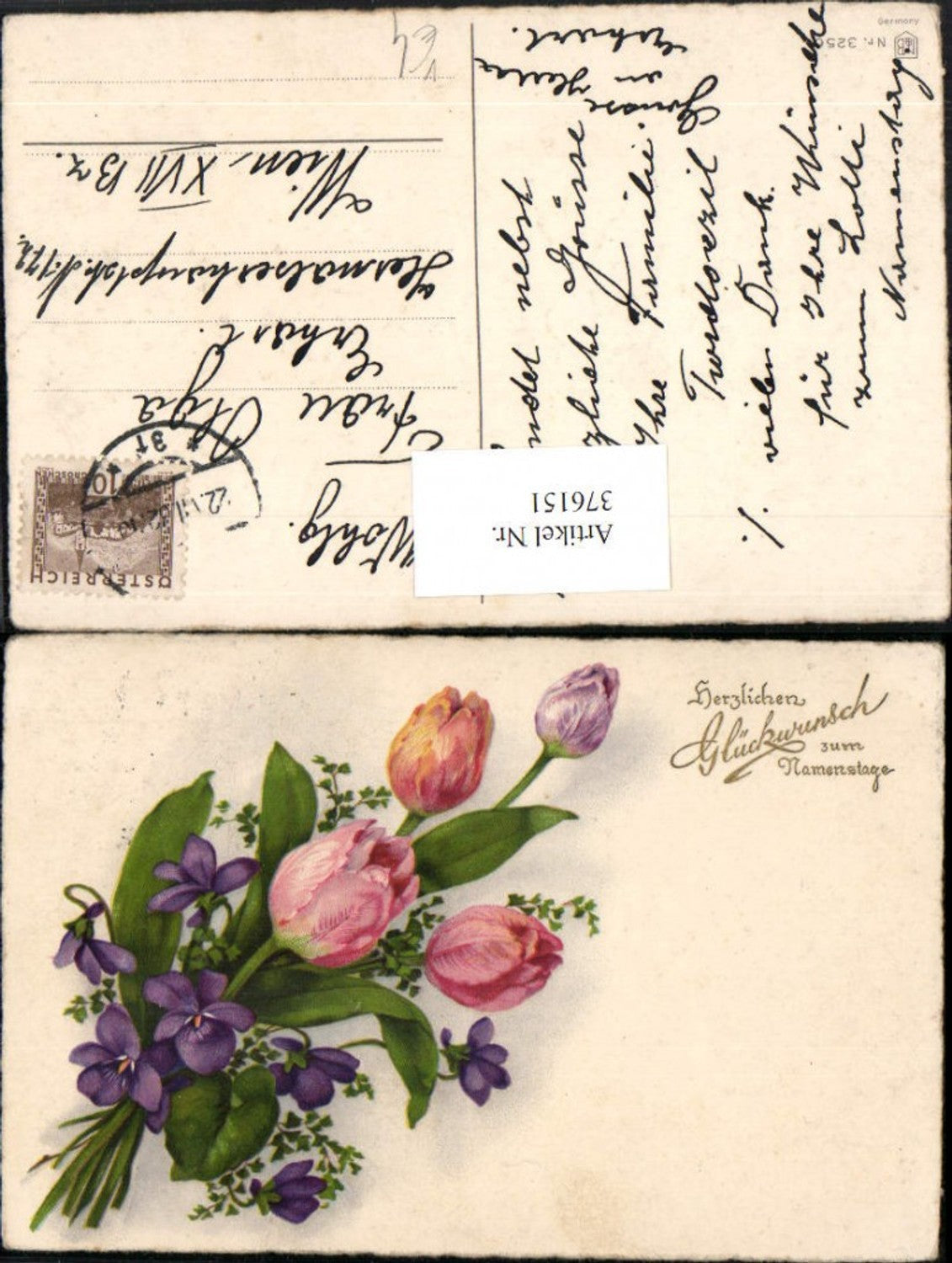376151,Meissner & Buch 3256 Künstlerkarte Namenstag Blumen Veilchen Tulpen
