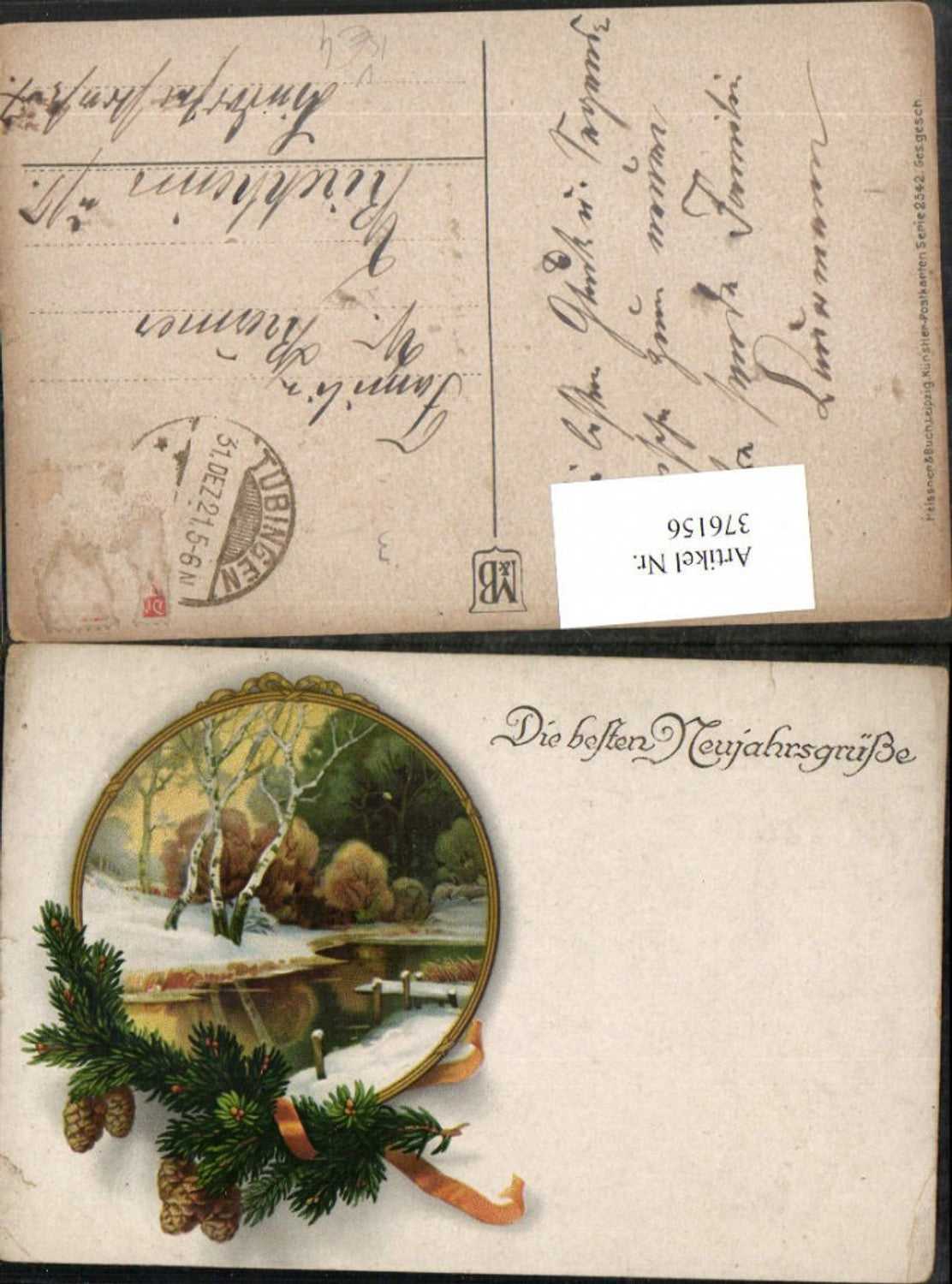 376156,Meissner & Buch 2542 Künstlerkarte Neujahr Winterlandschaft Passepartout Zapfen Zweige