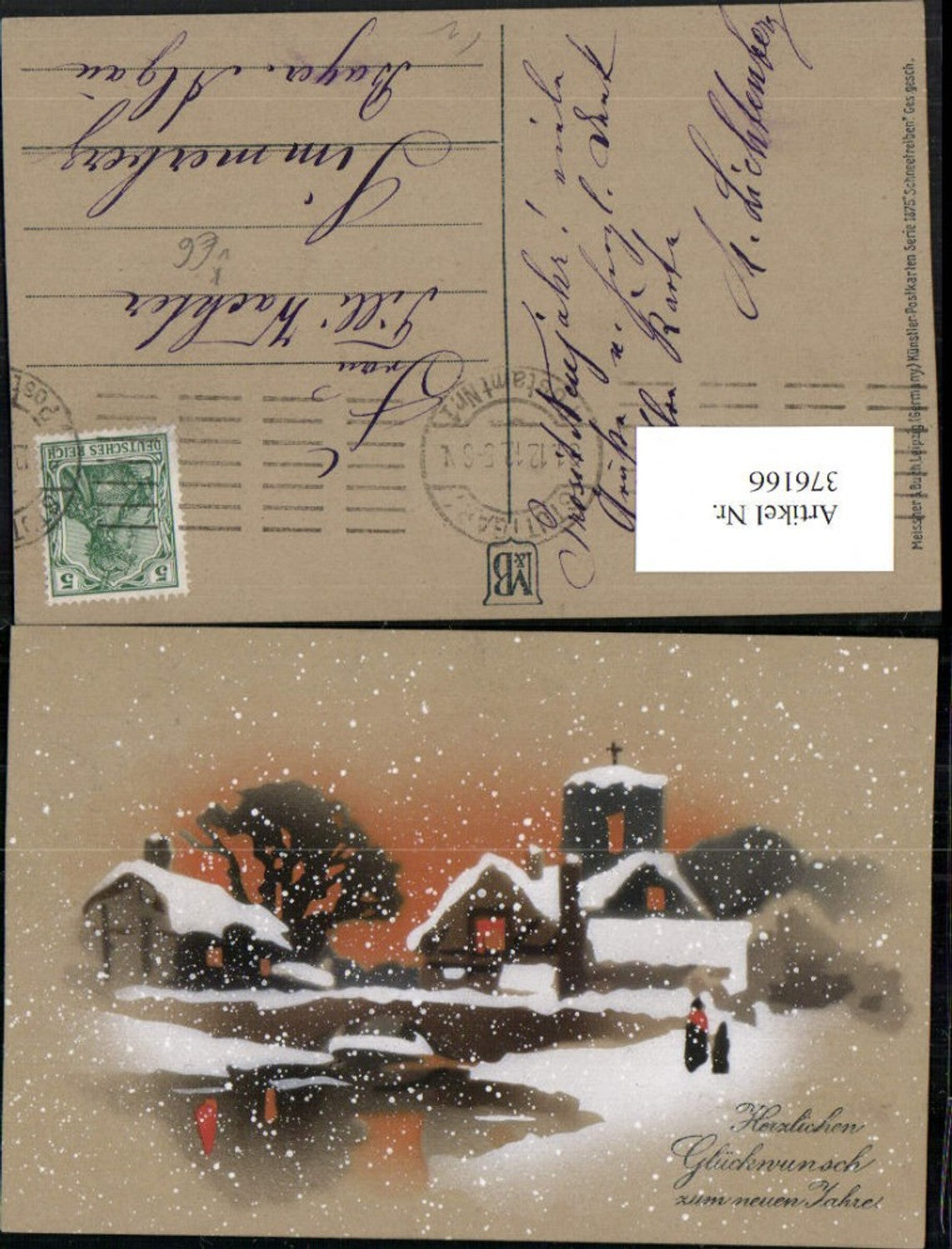 376166,Meissner & Buch 1875 Künstlerkarte Schneetreiben Neujahr Winterdorf Kirche