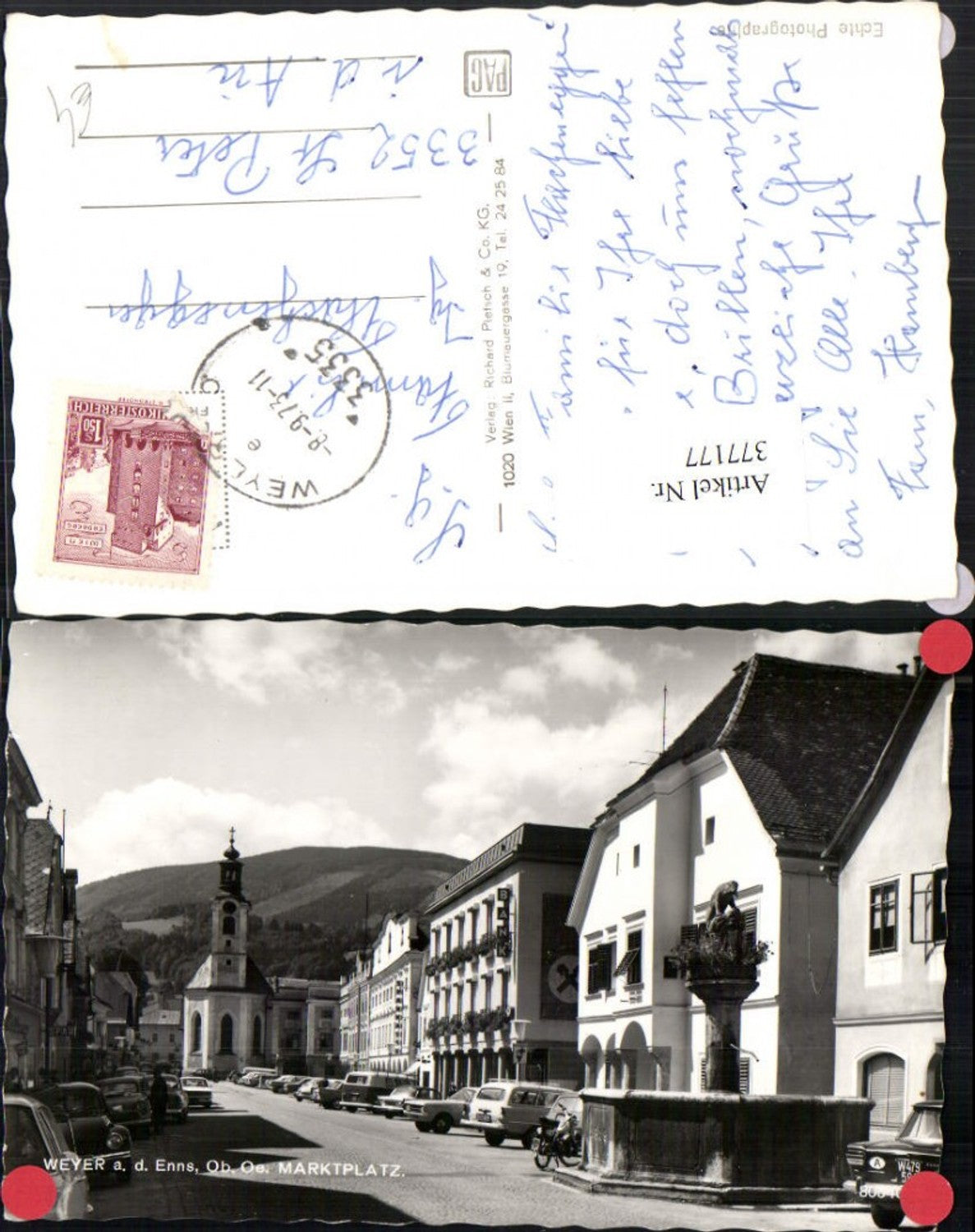 377177,Weyer an d. Enns Marktplatz Straßenansicht Brunnen Kirche