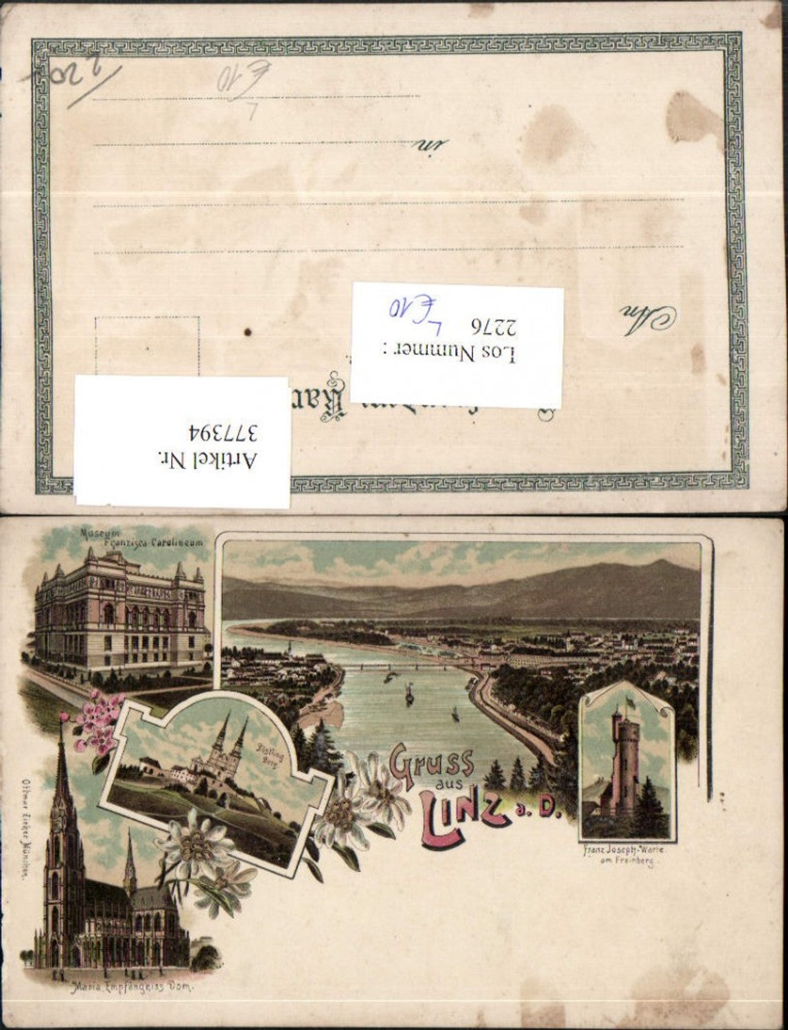 377394,Litho Gruß aus Linz an d. Donau Totale Museum Dom Pöstlingberg Warte Mehrbildkarte