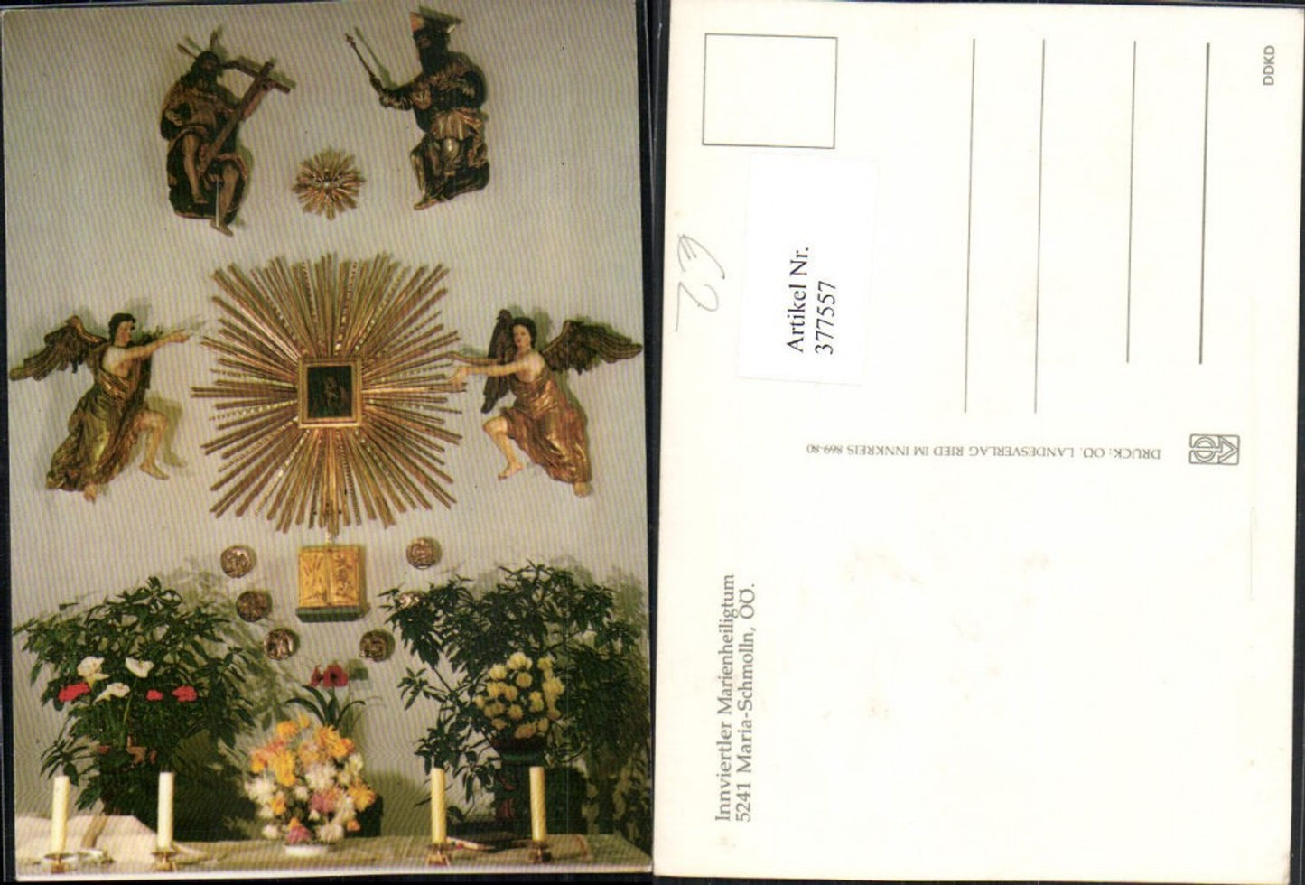 377557,Maria-Schmolln Innviertler Marienheiligtum Altar Blumen Engeln Figuren