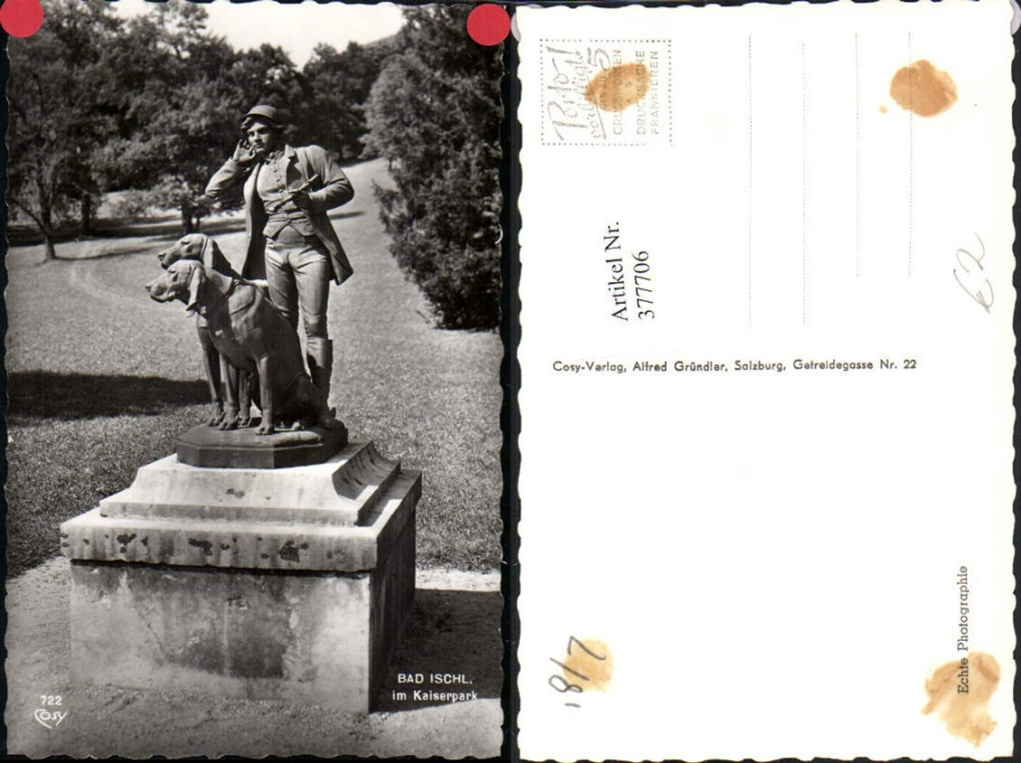 377706,Bad Ischl Kaiserpark Statue Mann m. Hunde pub Cosy 722