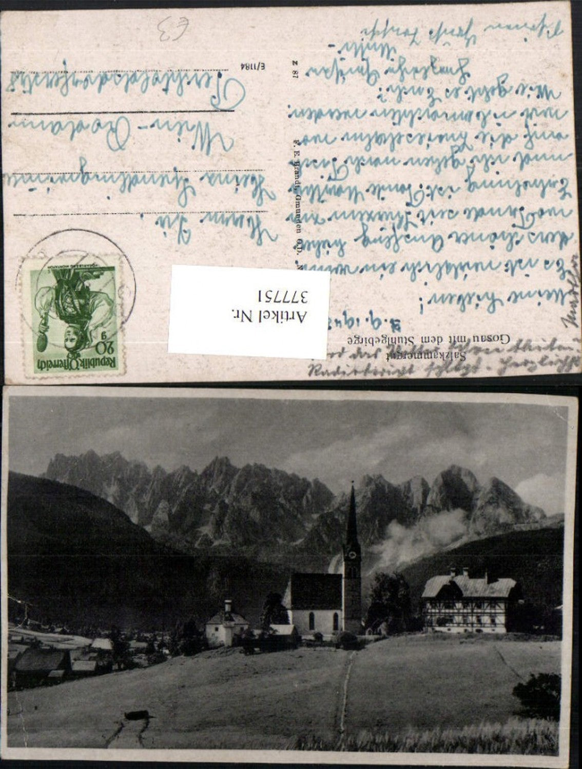 377751,Gosau Teilansicht Kirche m. Stuhlgebirge Bergkulisse pub F. E. Brandt 5112